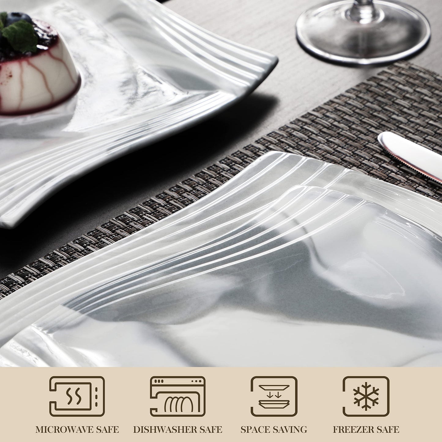 MALACASA, Amparo series, 30-piece marble porcelain dinnerware set with 6 dinner plates, 6 soup plates, 6 dessert plates, 6 coffee cups, and 6 saucers.