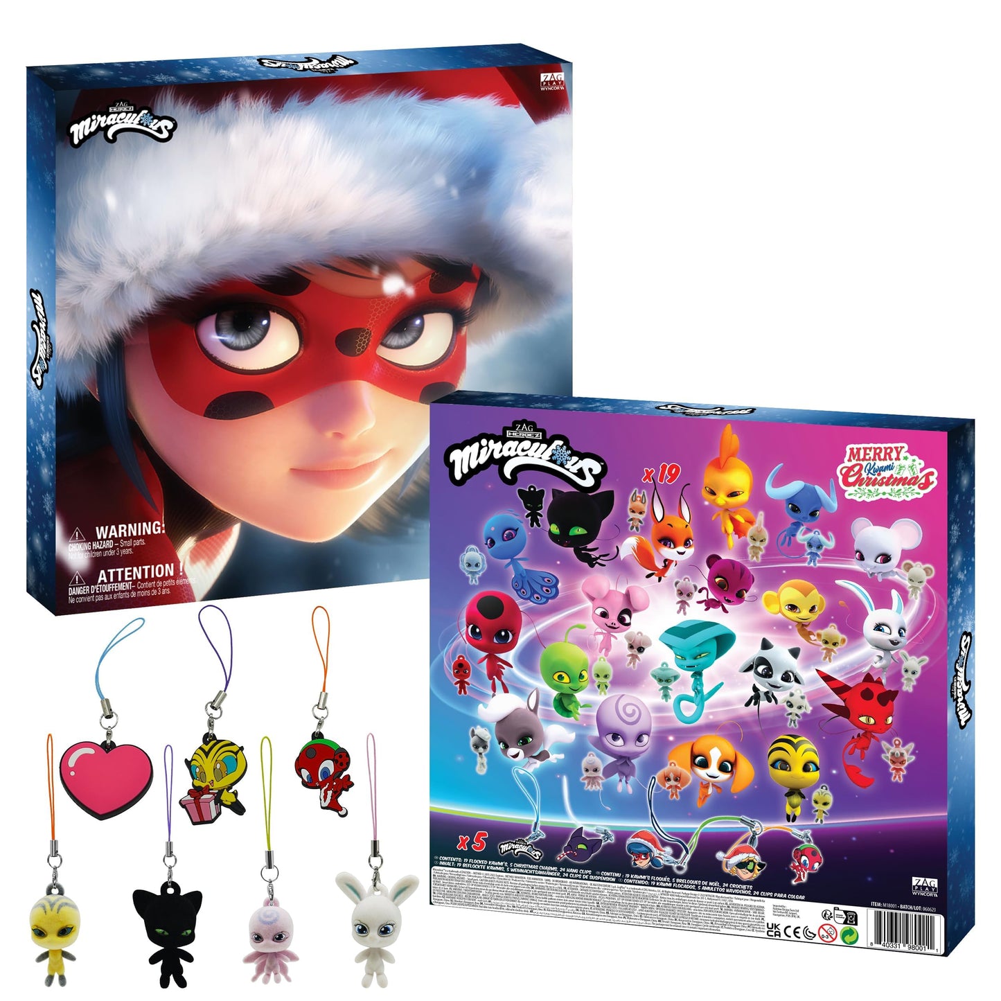 Miraculous Ladybug - Ultimate Kwami Advent Calendar with mini flocked Kwamis and EVA charms, seasonal charms, a collectible for kids for Christmas with hooks and strings (Wyncor), blue.