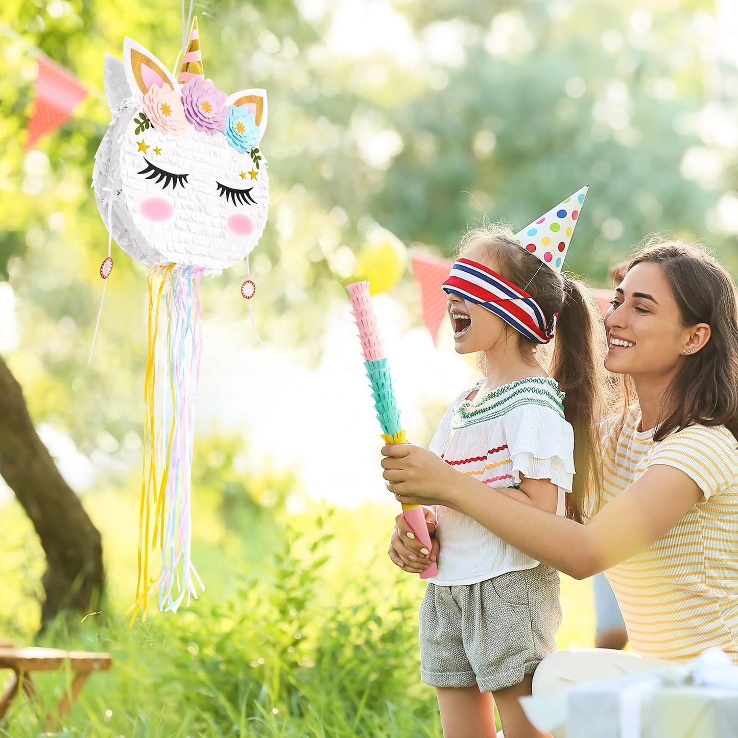 WERNNSAI Unicorn Pinata - Foldable pinata with blindfold and bat for girls, party supplies for kids with unicorn theme, foldable pinata with pull string for unicorn birthday parties.