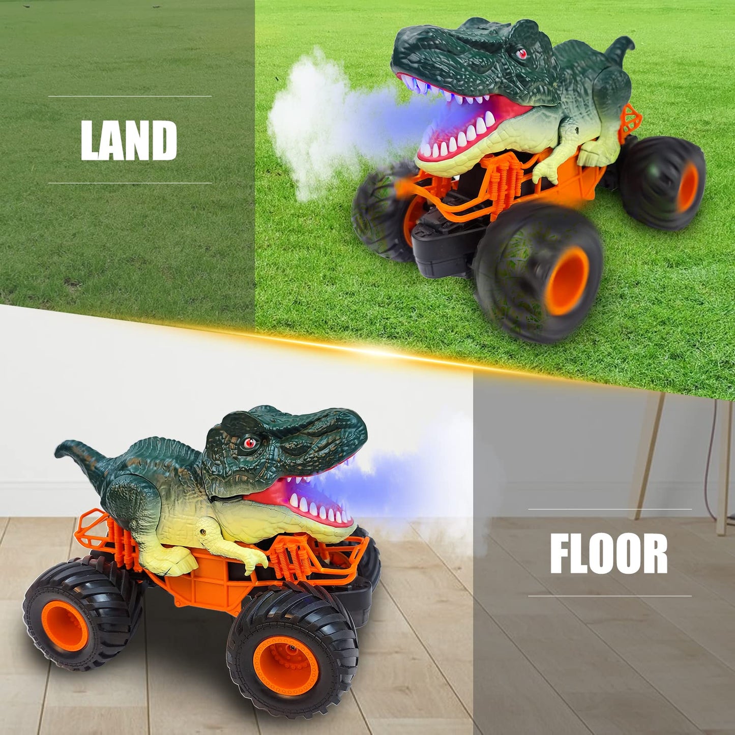 BOBOTATA Remote Control Car Kids Monster Dinosaur Truck Toy for Ages 3 4 5 6 7 8+, 2.4 GHz with Lights, Sounds, Spraying, All Terrain RC Cars Toy Gifts for Boys Girls