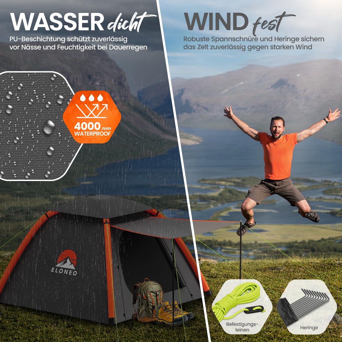 ELONEO inflatable tent for 1-3 people with canopy & air pump, waterproof camping tent, lightweight air tent, Inflatable Tent, Glamping tent with free LED light