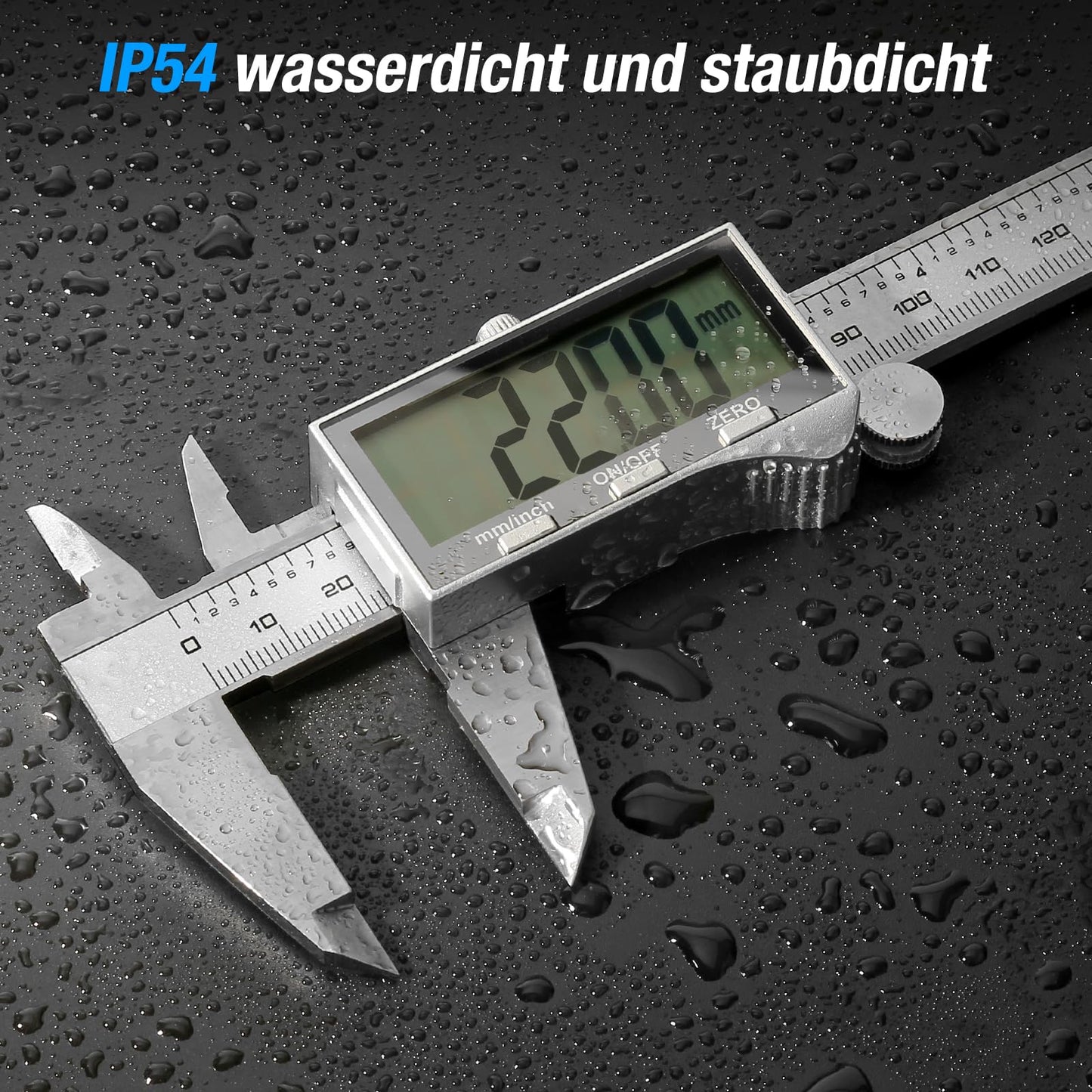 Digital caliper with large LCD screen, digital caliper with splash and dust protection, caliper with spare battery and storage box (silver)