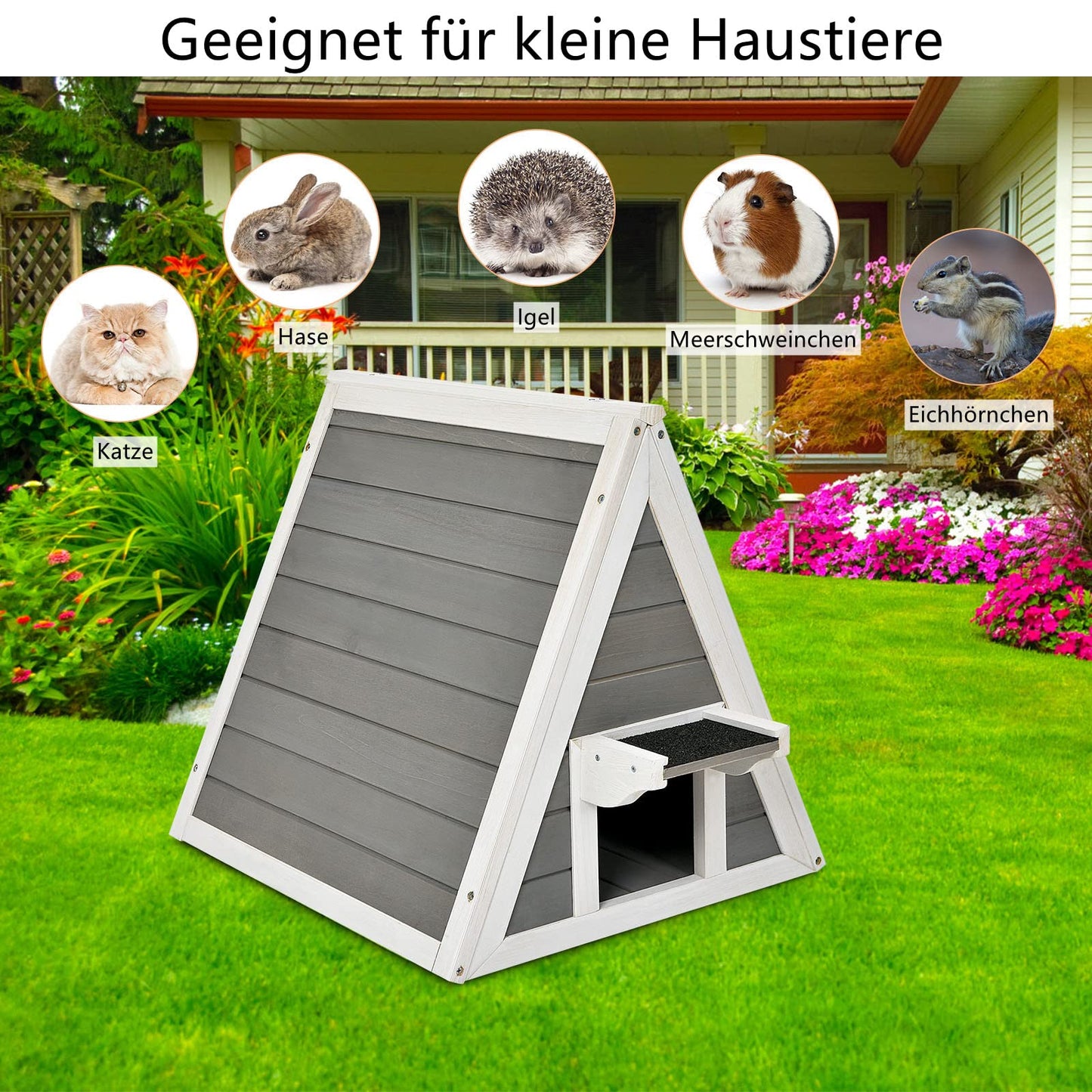 GYMAX 50 x 55 x 52 cm cat house with asphalt roof & door, weatherproof wooden cat cave, suitable for cats up to 20 kg, for indoor & outdoor use.