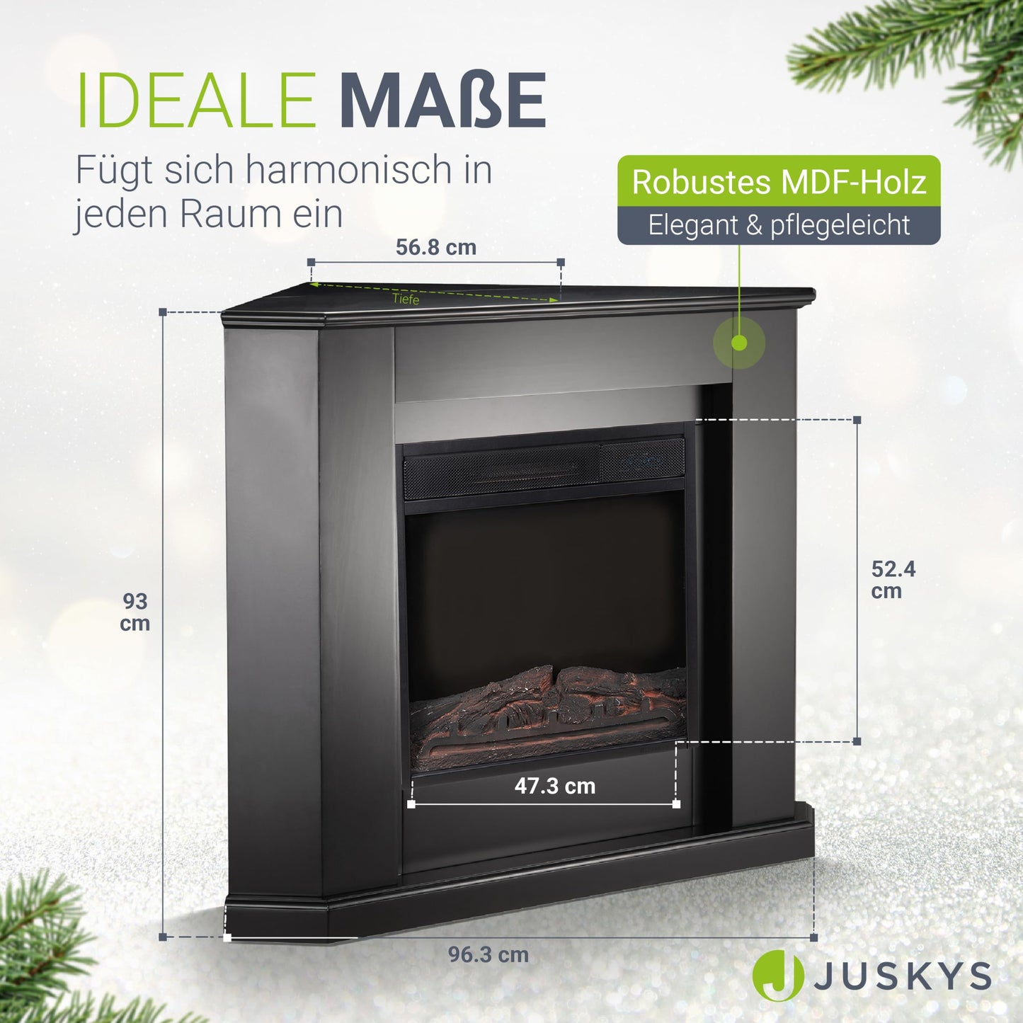 Juskys Electric Fireplace 1000/2000 W with heating, fireplace, flame effect, remote control, LED lighting & timer - Electric Corner Fireplace in black.