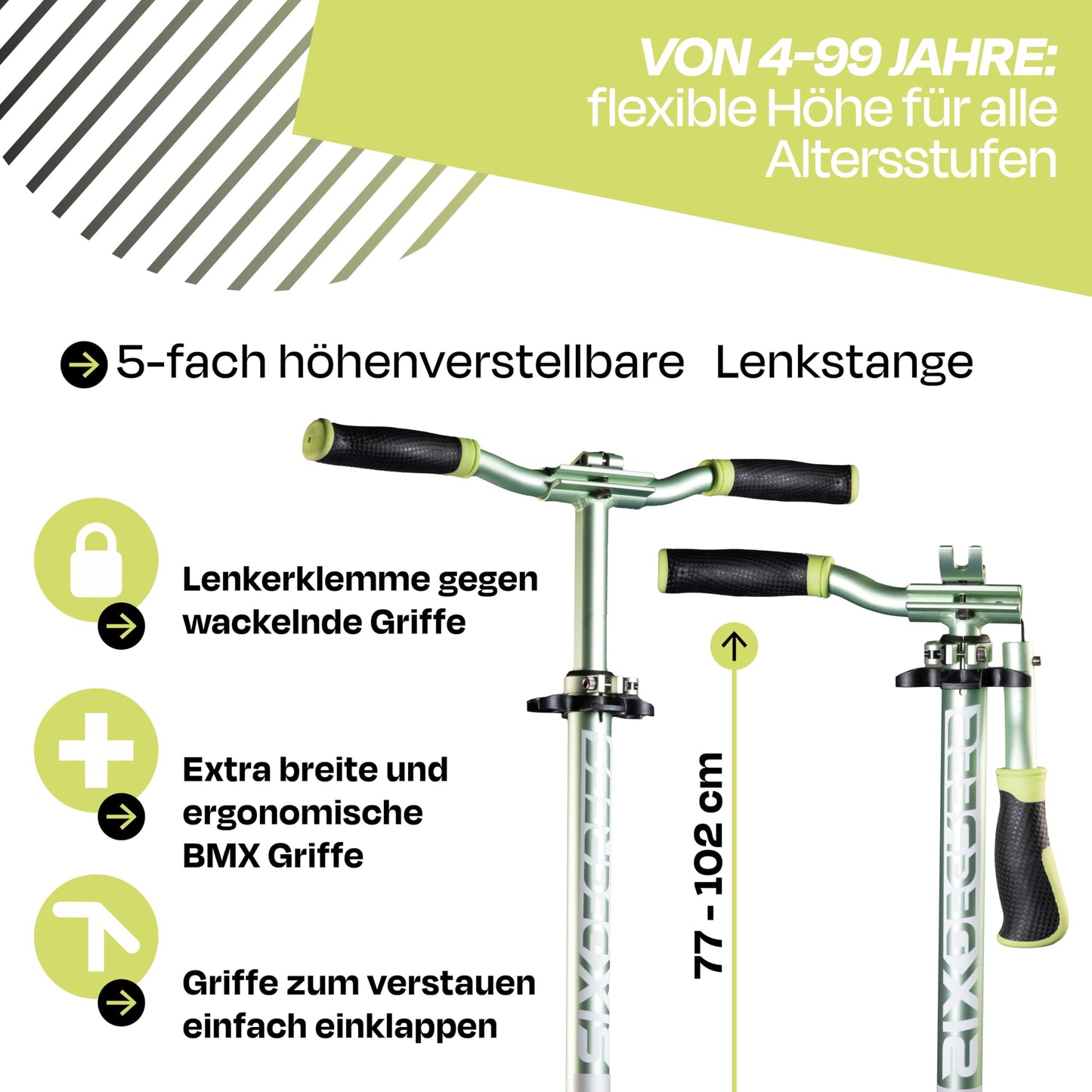 Six Degrees aluminum scooter with folding mechanism and stand, 205 mm, height adjustable, GS tested Lime Dream, TEST WINNER
