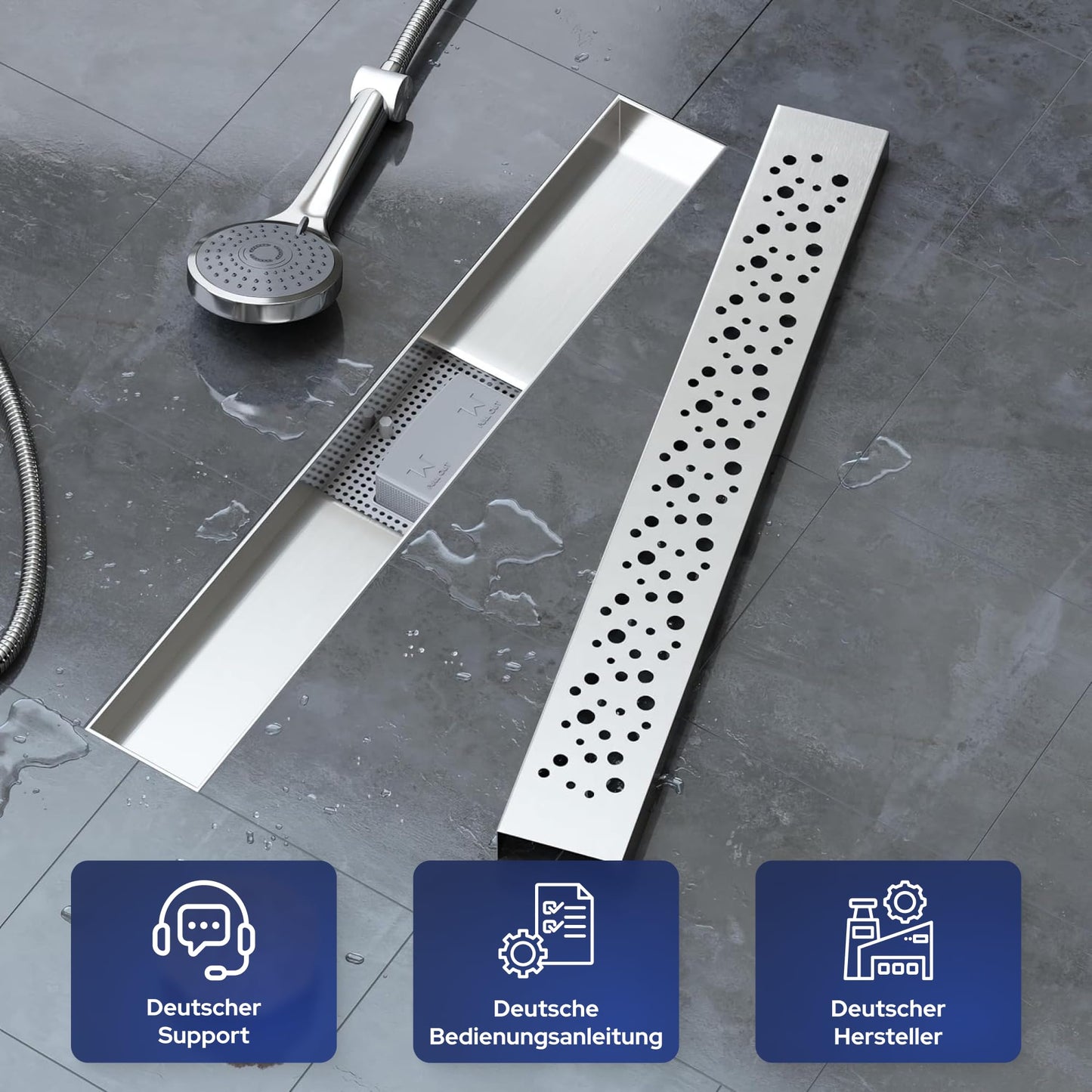 VILSTEIN Shower Drain 70cm, Stainless Steel Floor Drain Complete Set, extra flat, siphon with odor trap, hair sieve - Circles