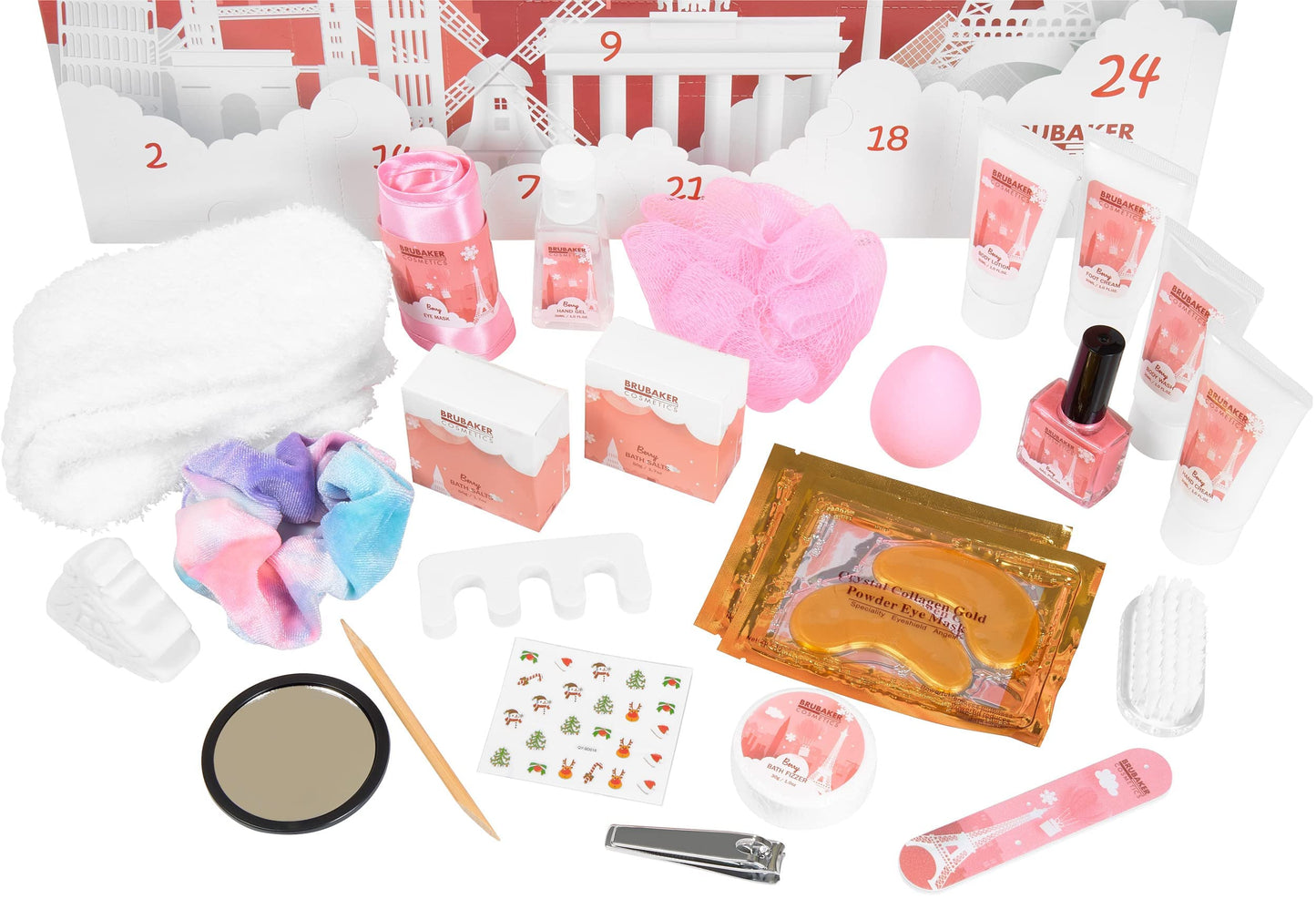 BRUBAKER Cosmetics Beauty Advent Calendar 2025 - the XXL wellness Christmas calendar for women and girls - 24 x body care products & spa accessories - city landmarks pink.