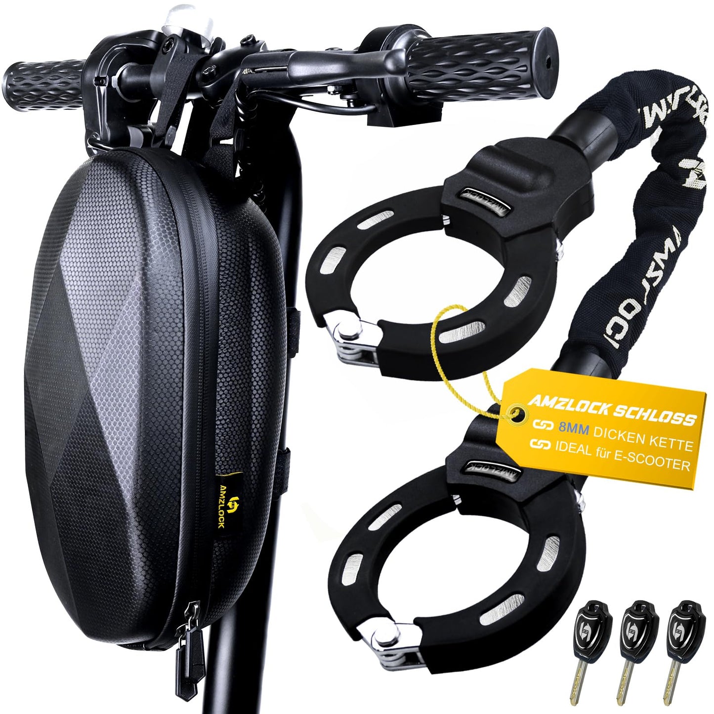 AMZLOCK E Scooter Lock with Bag | 8mm Thick Chain Lock | Handcuff Lock for E Scooter | with 3 Keys | 1.6kg/75cm High Security Lock