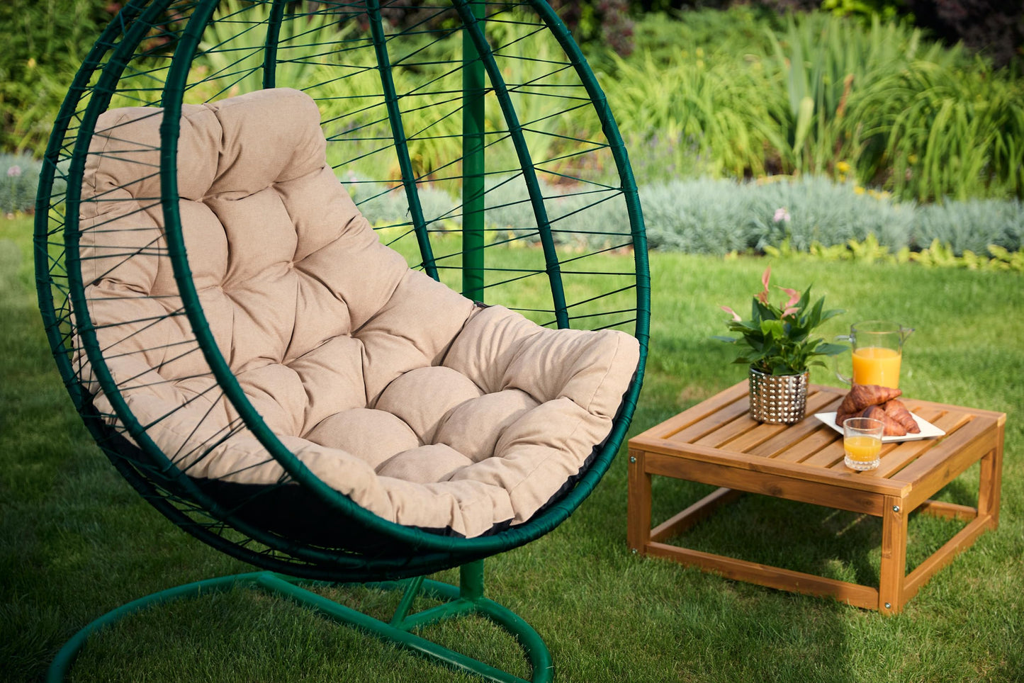 Bjird hanging chair cushion, pad, cushion for polyrattan & rattan hanging swing, seat cushion for hanging basket - round seat cushion - back cushion for hanging seat - indoor & outdoor - graphite eco-linen.