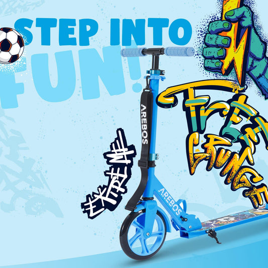 Arebos City Scooter Kick Scooter Blue | Adjustable height | Foldable | Includes carrying strap | XXL wheels | Foot brake | For children and adults | Up to 100kg weight capacity | Kick scooter | Kickscooter