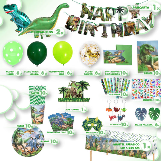 Bea's Party Dino decorations for children's birthday, party plates with Dino design, invitation cards for boys' birthday party with dinosaurs, cake decoration with Dino napkins, Dino piñata.