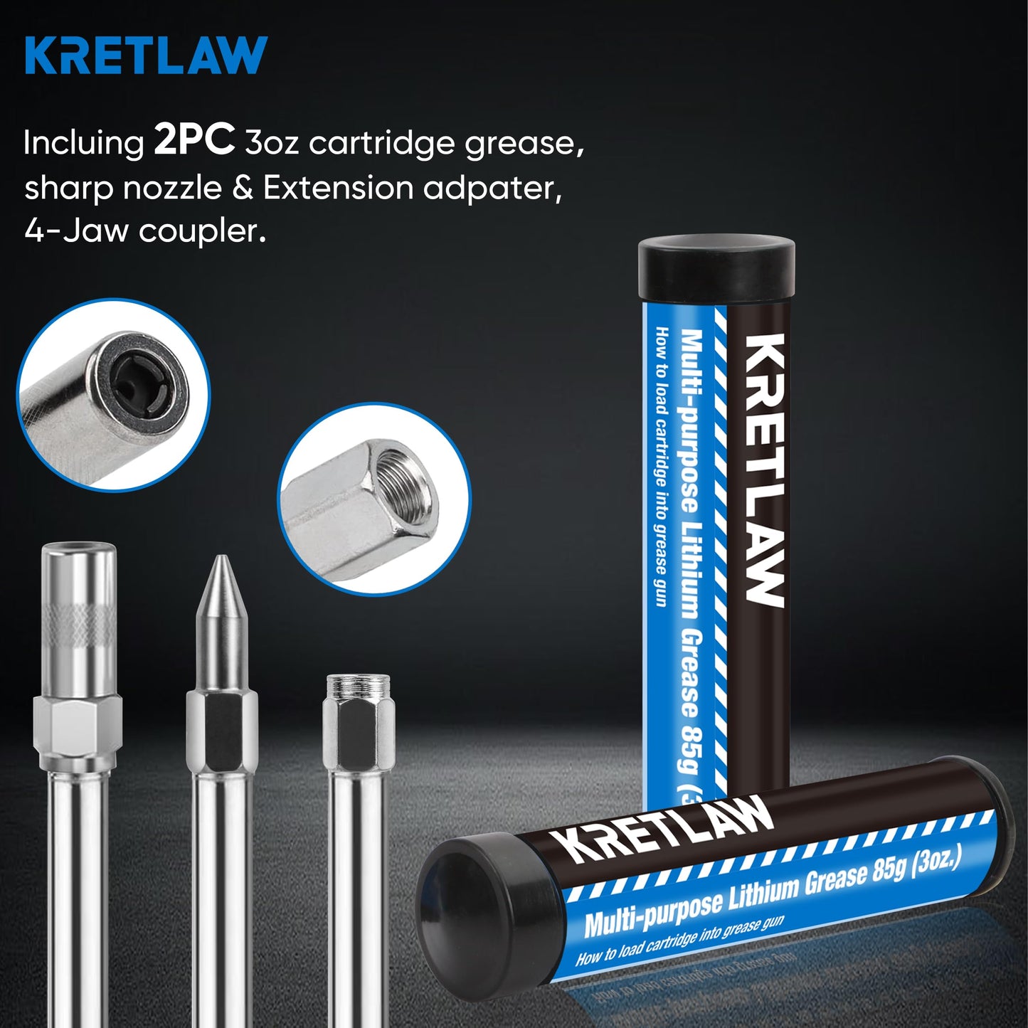 KRETLAW Mini Grease Gun Kit, small grease gun (3000 PSI) with dual 85g cartridge grease and 305mm flex hose, reinforced coupler for automotive and marine use.