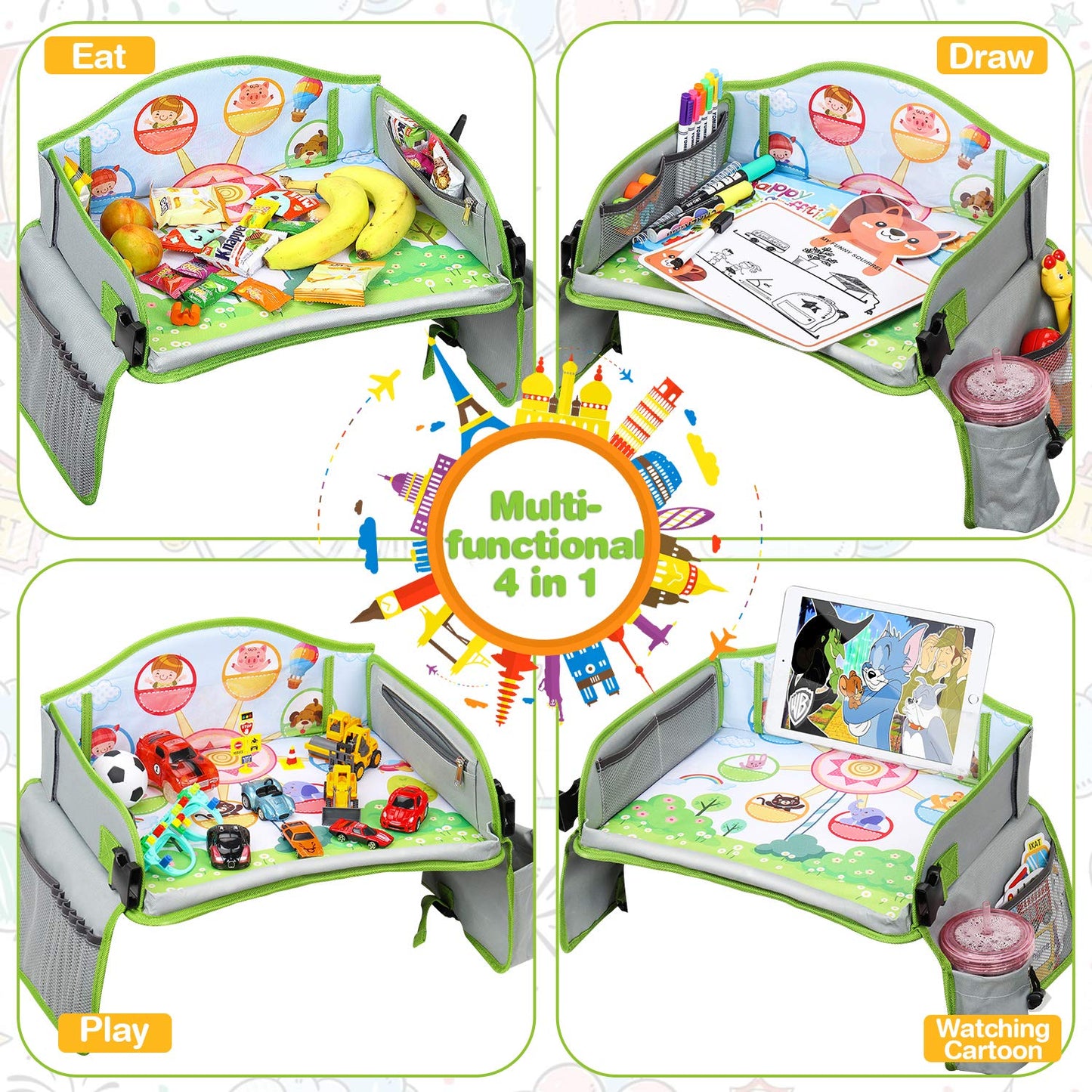 Lenbest Children's Travel Table - Ferris Wheel Background Knee Table Travel Table and Foldable Adjustable Dining Table Play Table - with bonus of 1 Reusable Drawing Surface and 1 Erasable Pen