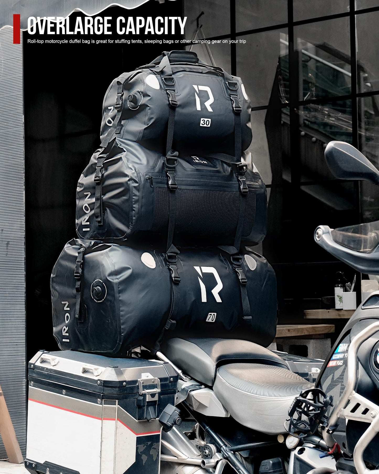 IRON JIA'S motorcycle bag luggage roll waterproof tail bag saddle bag travel bag with roll-sealed shoulder straps suitable for cycling camping water sports gray-30L
