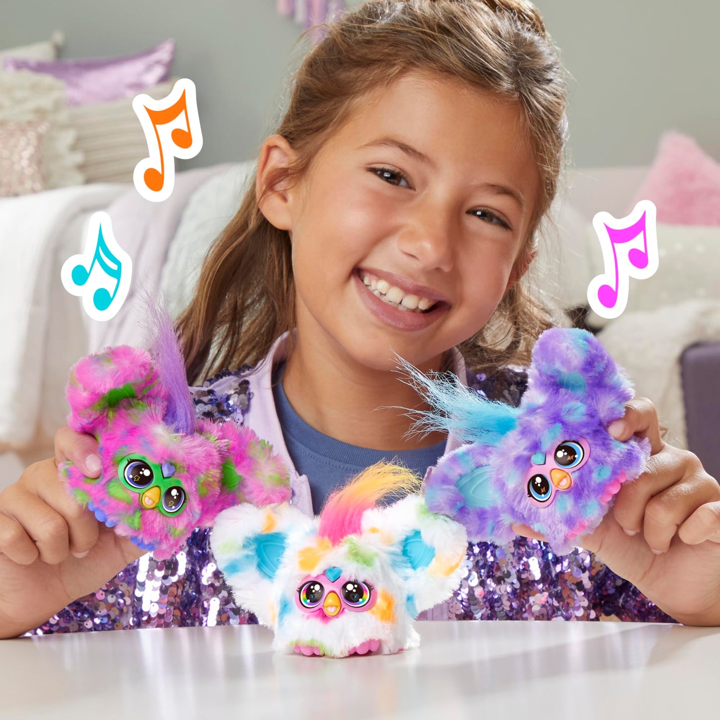 Furby Furblets Groo-Vee Mini, electronic music & phrases in Furbish (over 45 sounds), pastel-colored plush toy, for kids ages 6+, original stocking stuffer, Purple