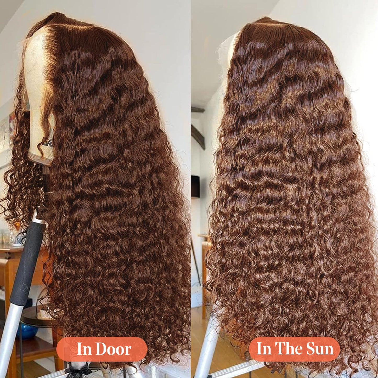 24 Inch Real Hair Wig 13x4 Transparent Lace Front Wig made of Human Hair for Black Women, Deep Wave Human Hair Wig in Brown Color, Curly Real Hair Wigs for Women with 150% Density 60cm.