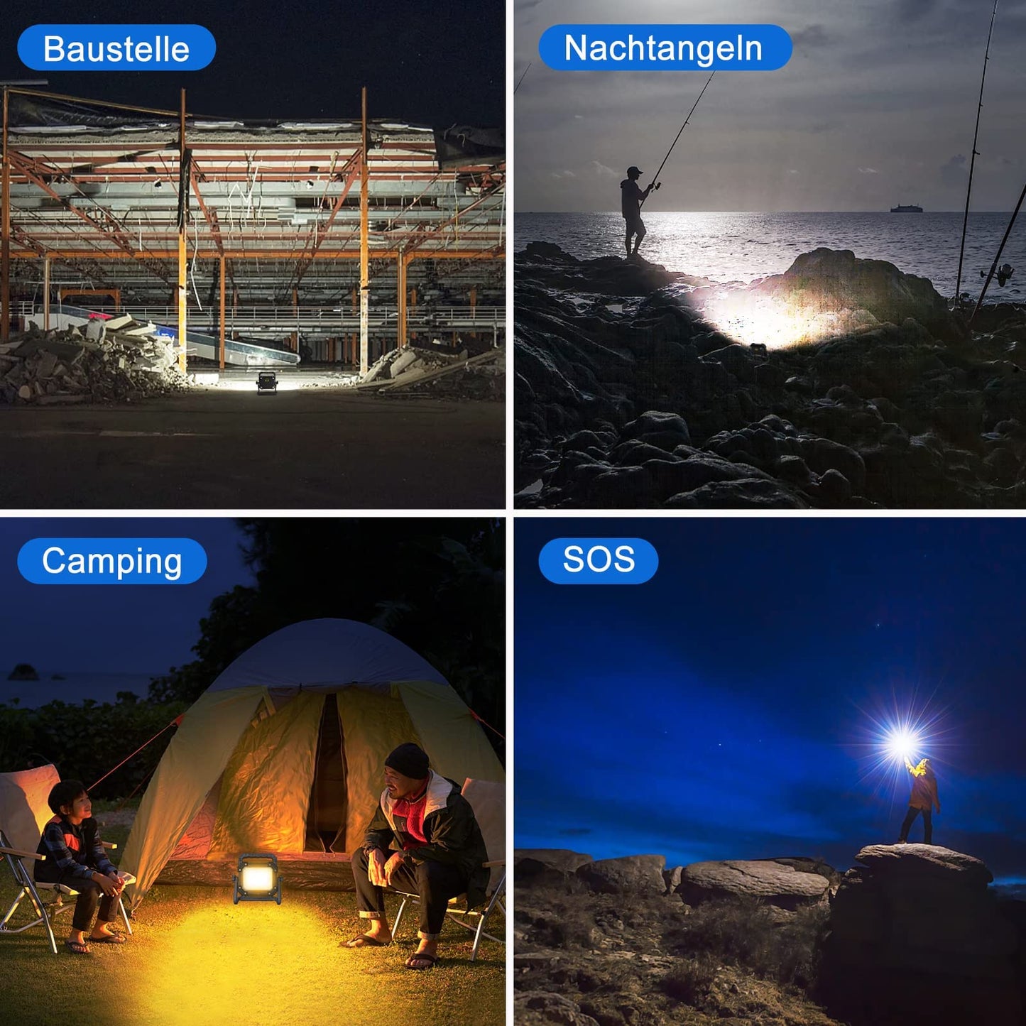 MEIHUA LED construction spotlight 60W 6400LM work light, IP66 waterproof portable rechargeable 14000mAh with adapter, 4 modes for workshop construction site garage outdoor lighting camping