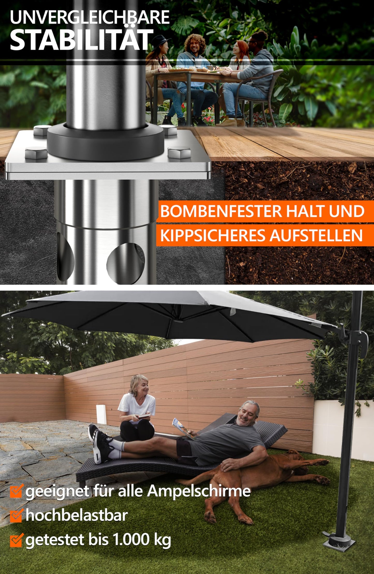 4smile Ground Sleeve Sun Umbrella - Stainless Steel Base Anchor Cantilever Umbrella with Ground Plate for Embedding, timeless quality - Universal Sun Umbrella Stand Cantilever Umbrella, load-bearing capacity > 1,000 kg