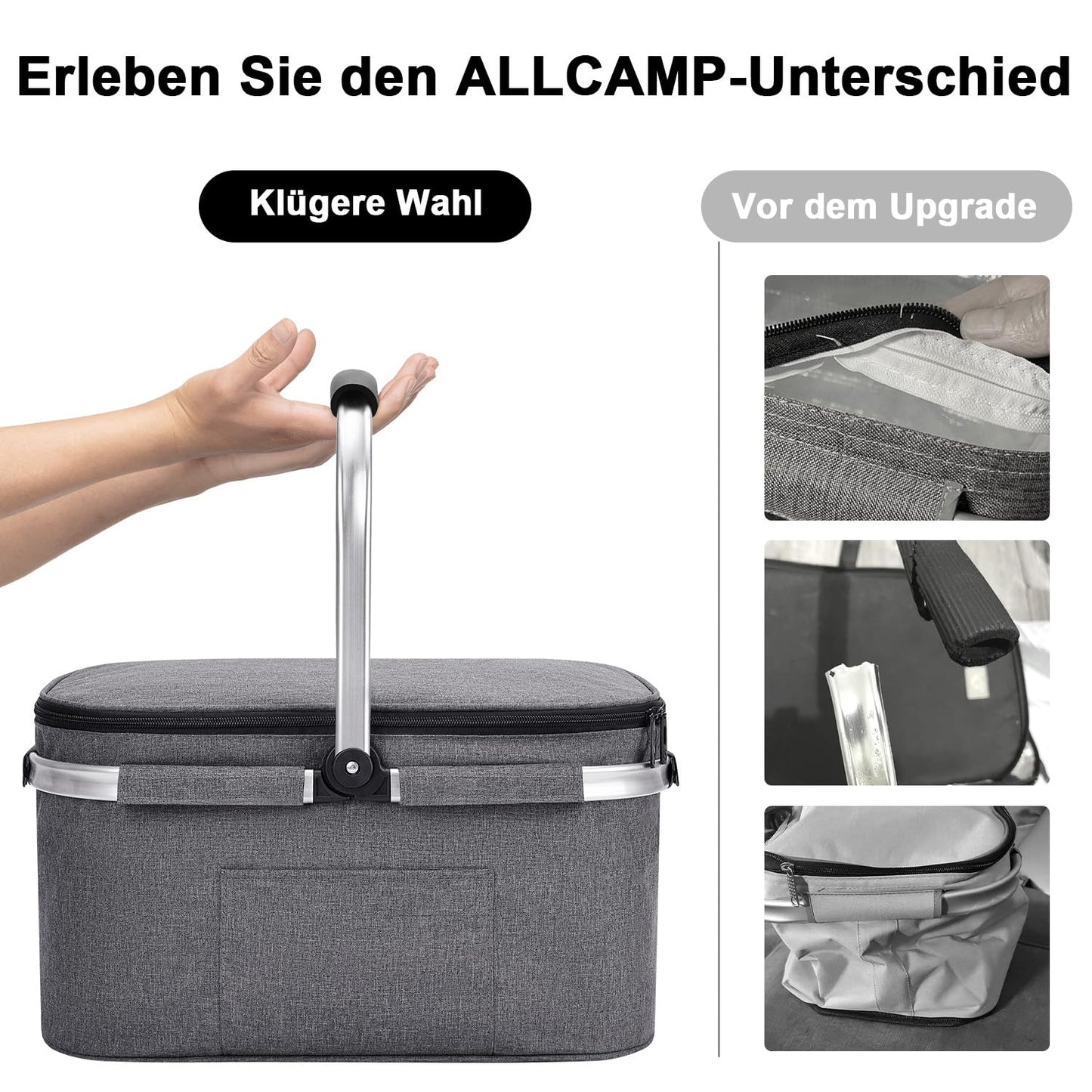 ALLCAMP Large Foldable Insulated Cooler Bag - Shopping Basket With Lid, Detachable Picnic Basket for 2, Aluminum Frame Cool Basket, Thickened Thermal Basket - With 2 Ice Packs
