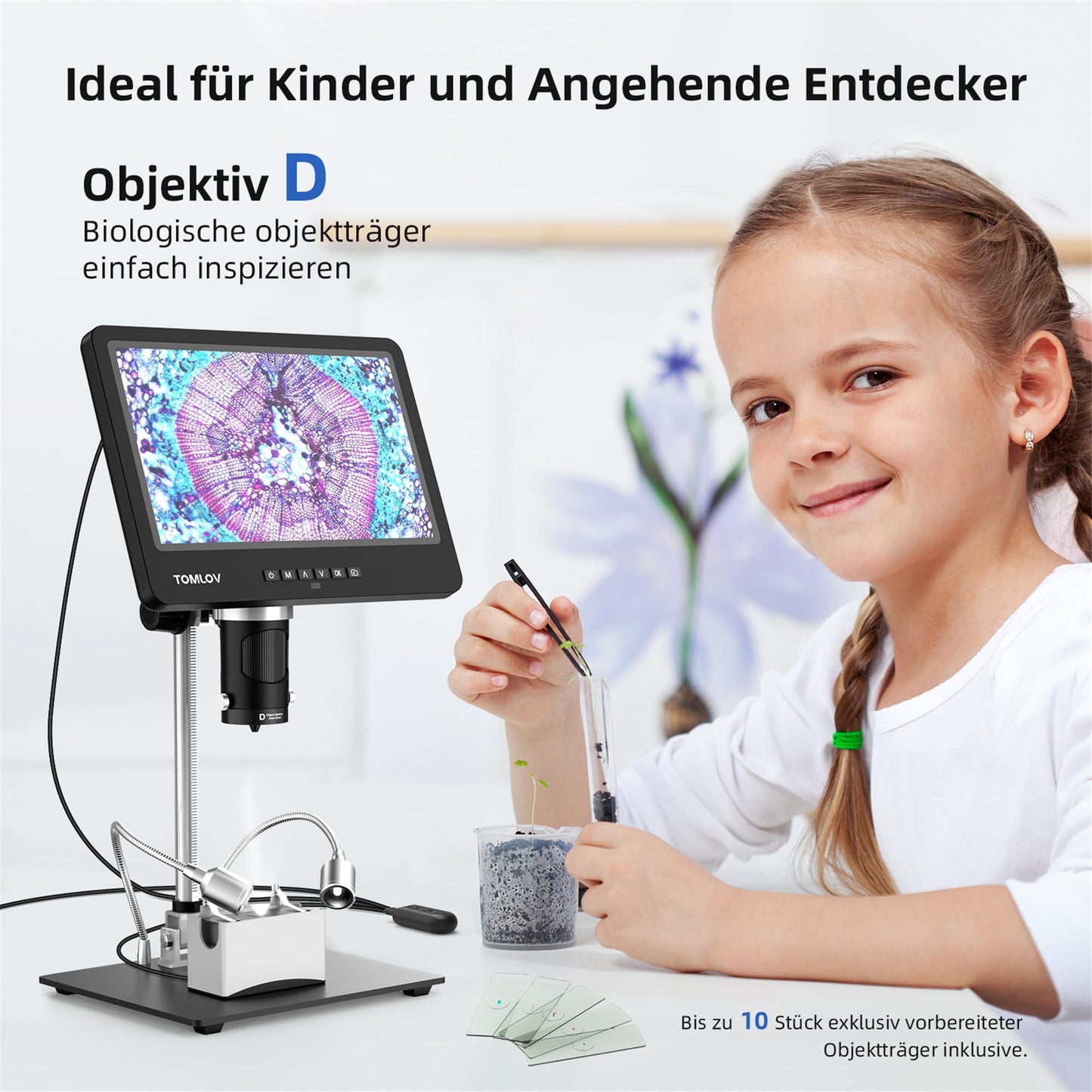 TOMLOV DM601 Triple Lens Digital Microscope, HDMI LCD Microscope with Screen, 7 Inch Soldering Microscope, Coin Loupe with Lights, Microscope with Slides, 10" Stand, 64GB, Windows/Mac Compatible