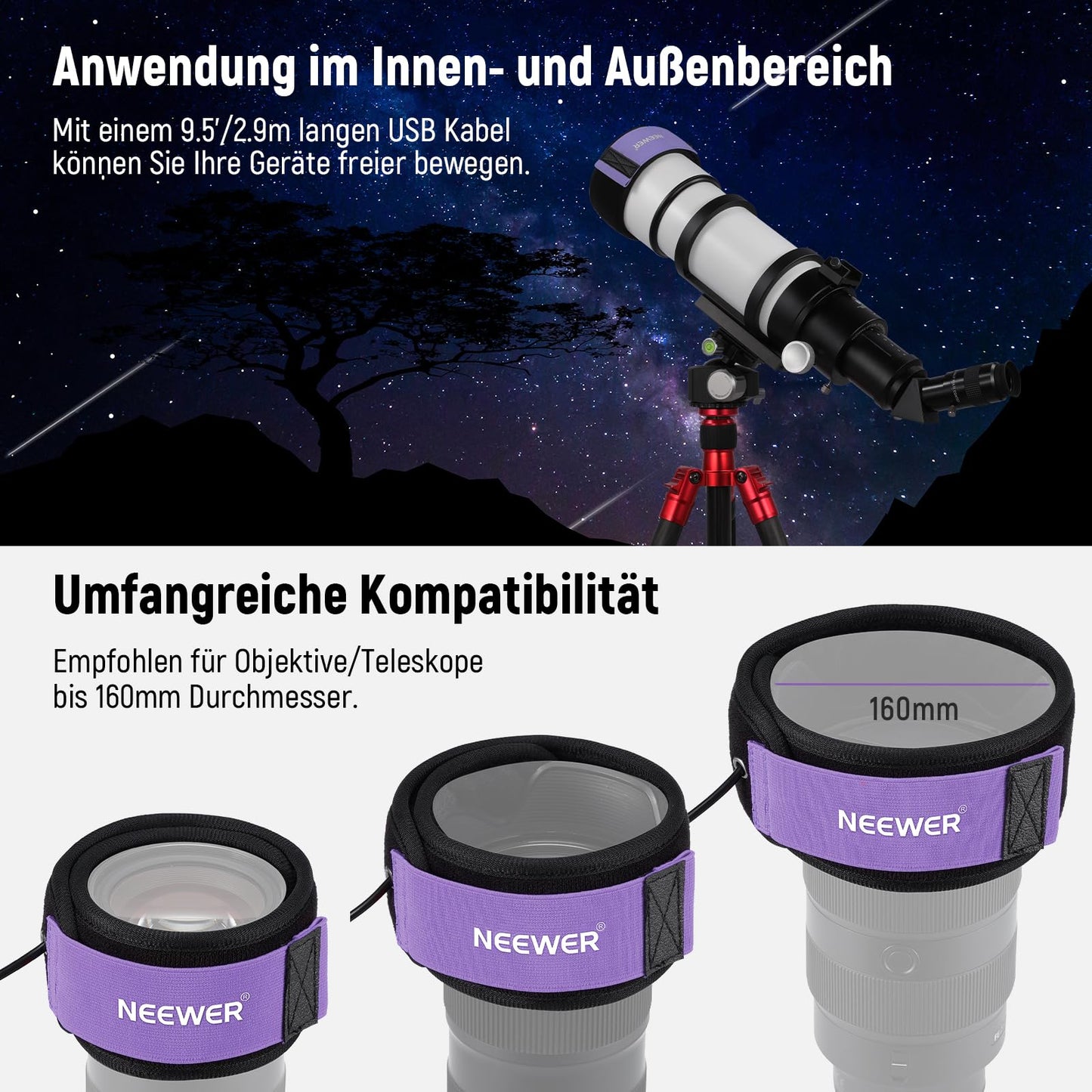 NEEWER USB 500mm lens heater with FPC, fast, even heating technology for DSLR camera lens telescope astrophotography, 3 temperature levels, prevents overvoltage/dew/mist/condensation, HW-30
