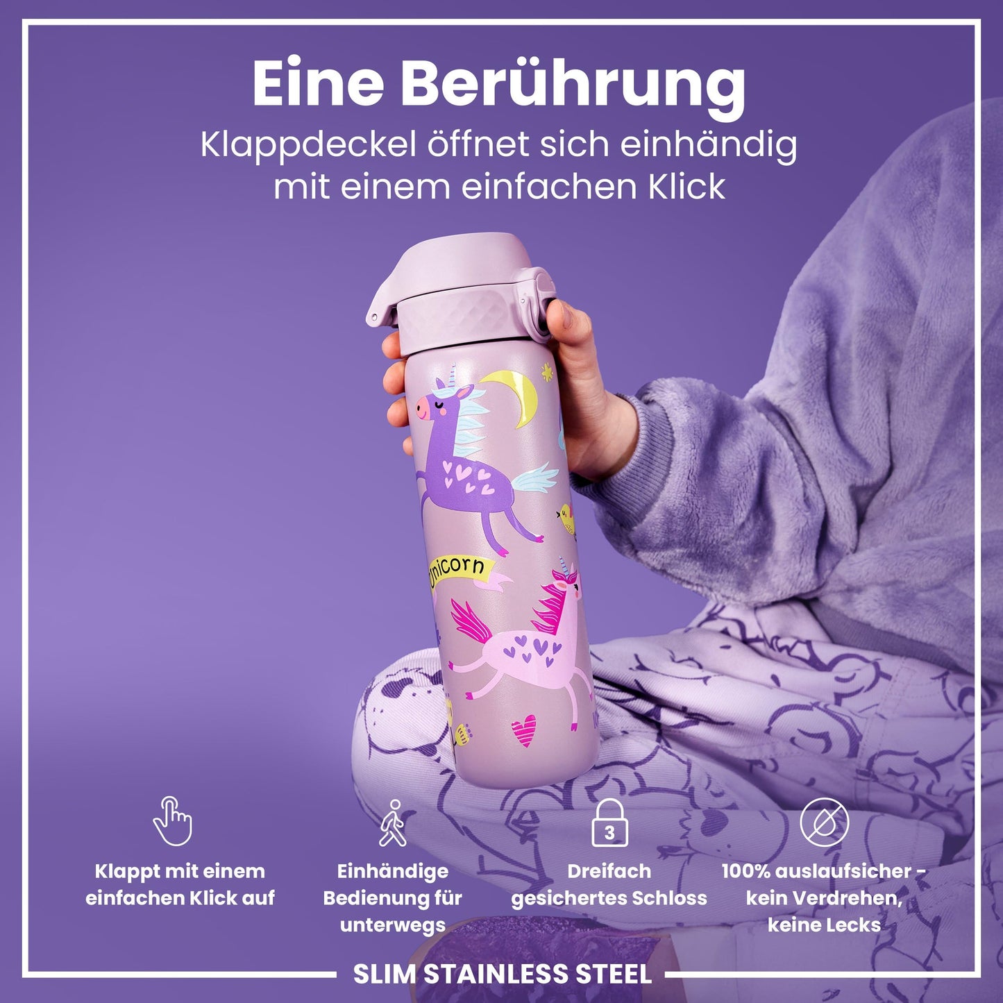 ion8  Lightweight Steel Water Bottle 600ml Non-Insulated Leakproof One-Hand Opening Secure Lock Dishwasher Safe Flip Lid Carrying Handle Easy to Clean, Lilac Unicorn