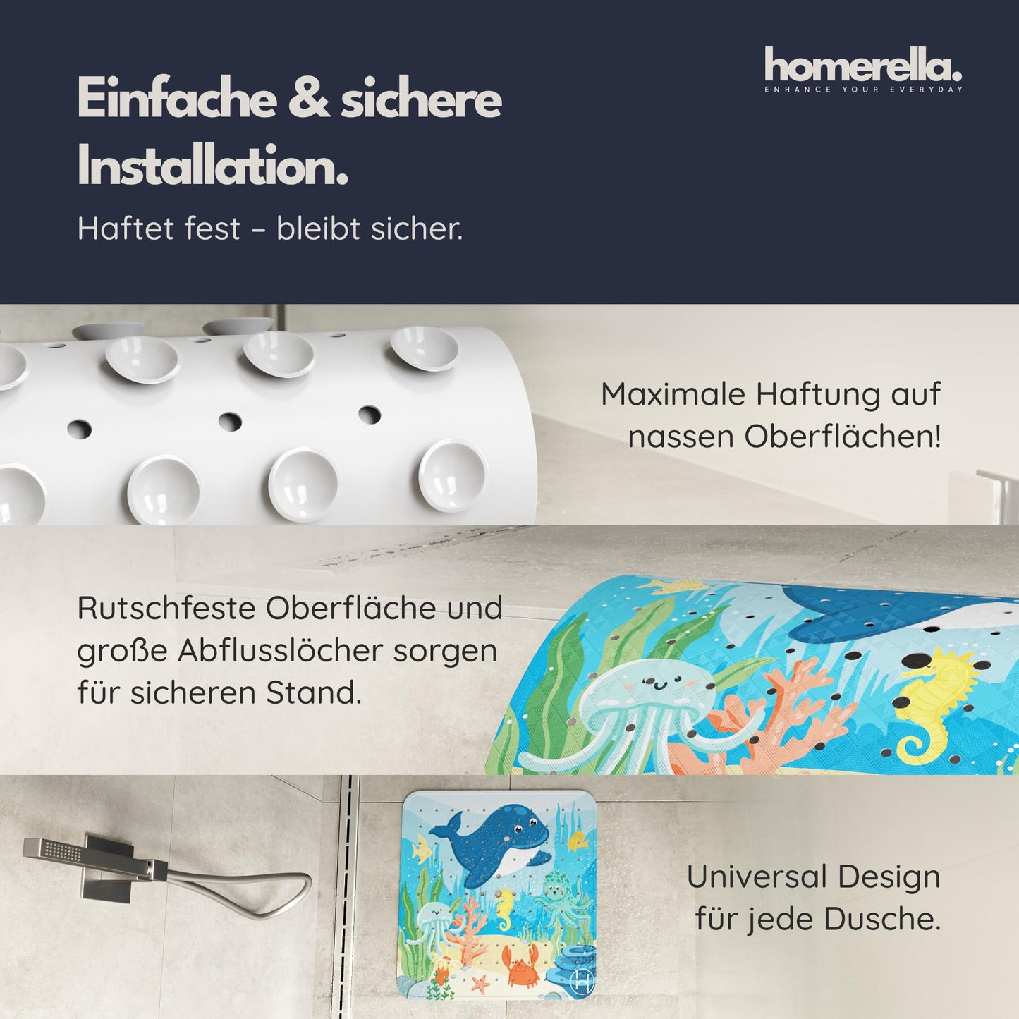 homerellaยฉ non-slip shower mat 53x53cm, WITH HANGING HOOK, shower anti-slip mat, mold-resistant & washable, shower tray insert, shower mat, shower non-slip mat, shower mats, non-slip bath mat