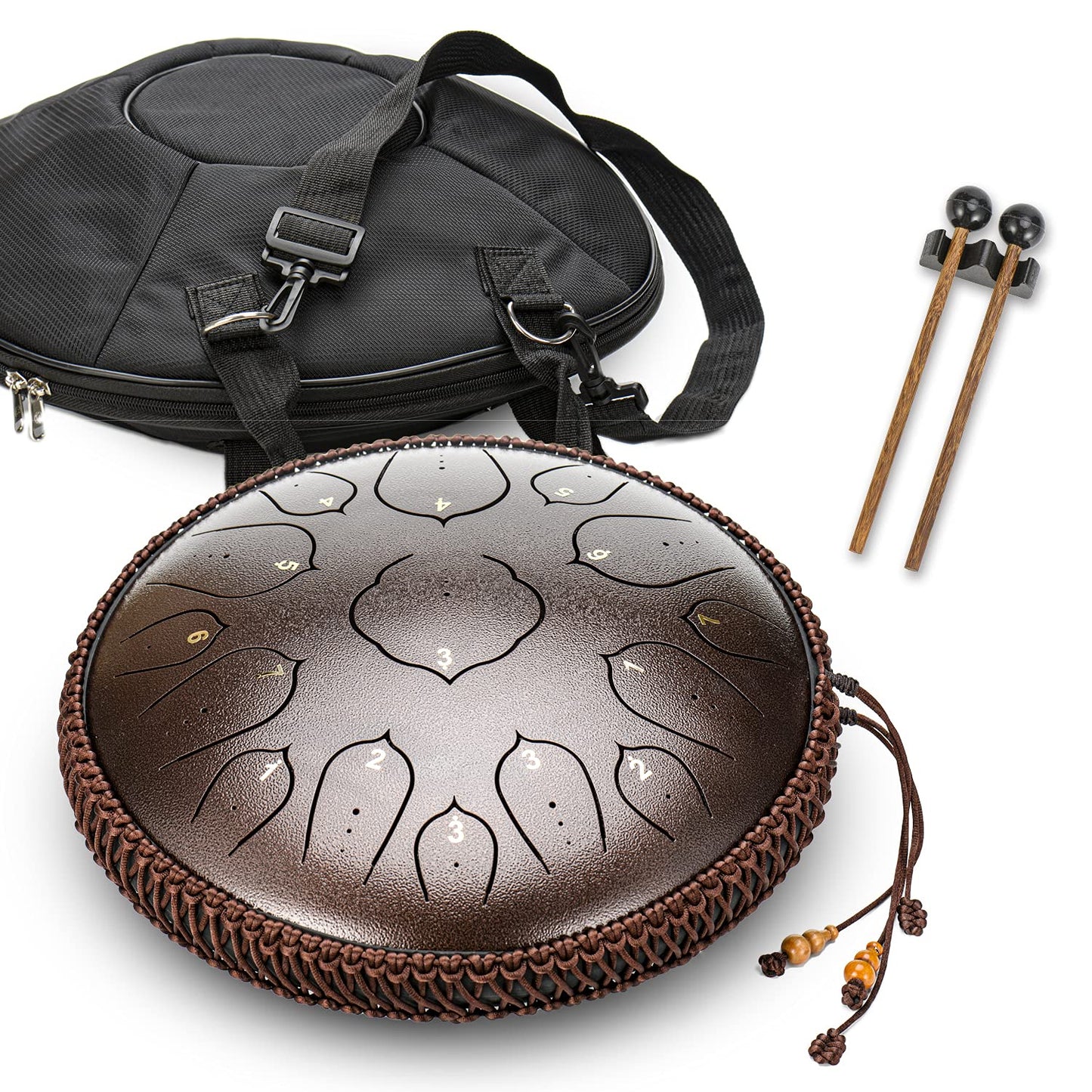 Amkoskr Steel Tongue Drum, 14-inch 35 cm Steel Tongue Drum, D major 15 notes, hand drum HandPan Drum with drumsticks/carrying bag (bronze)