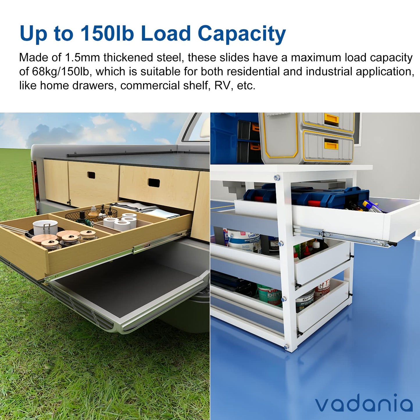 VADANIA drawer slides with lock 700mm, 53kg capacity Heavy duty full extension ball bearing Side mount #VD1551, 1 pair