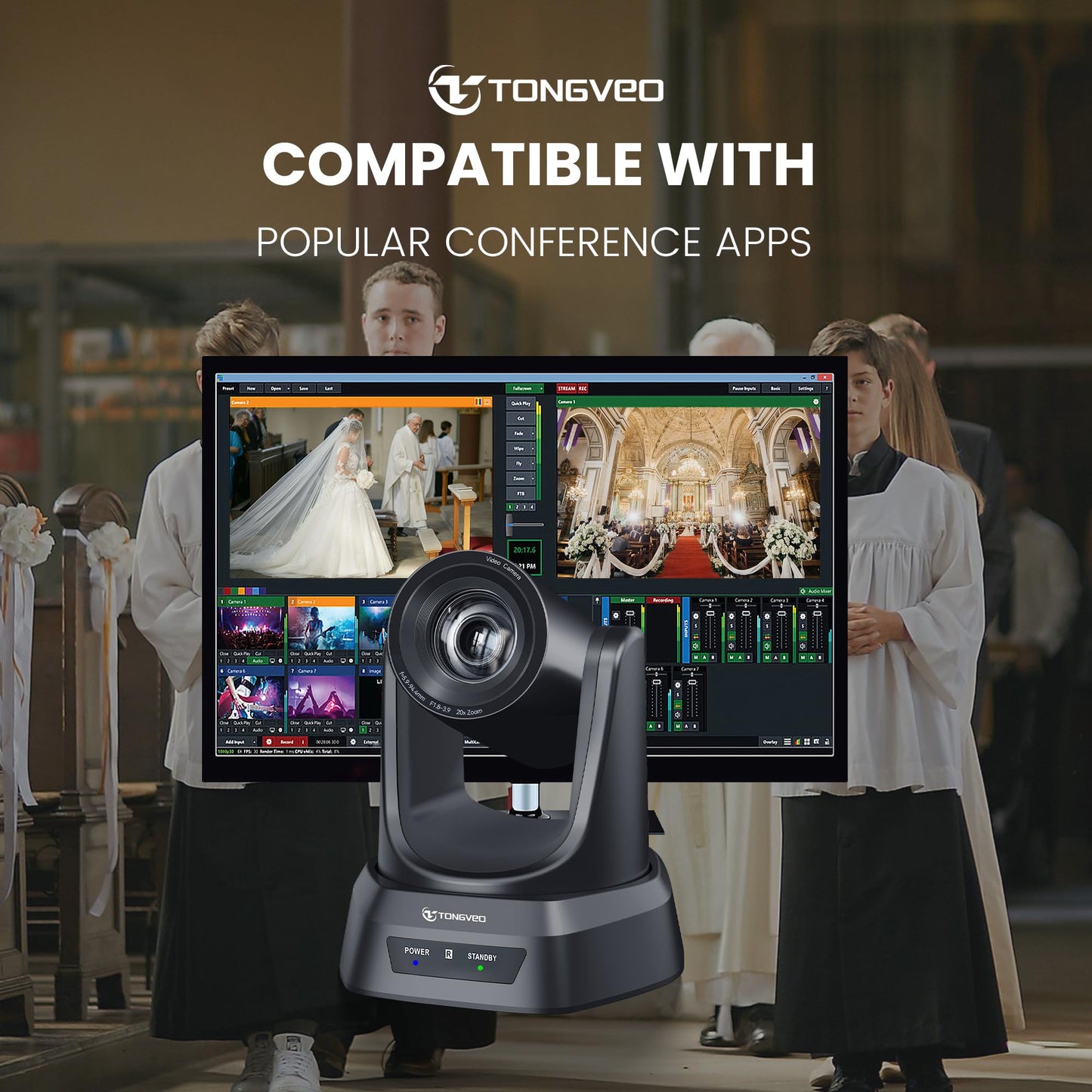 TONGVEO HDMI PTZ camera with 20X optical zoom, ideal for church live streaming and online conferences. Supports 1080P 60fps resolution and works seamlessly with Zoom, Skype, and OBS. Easy to set up.