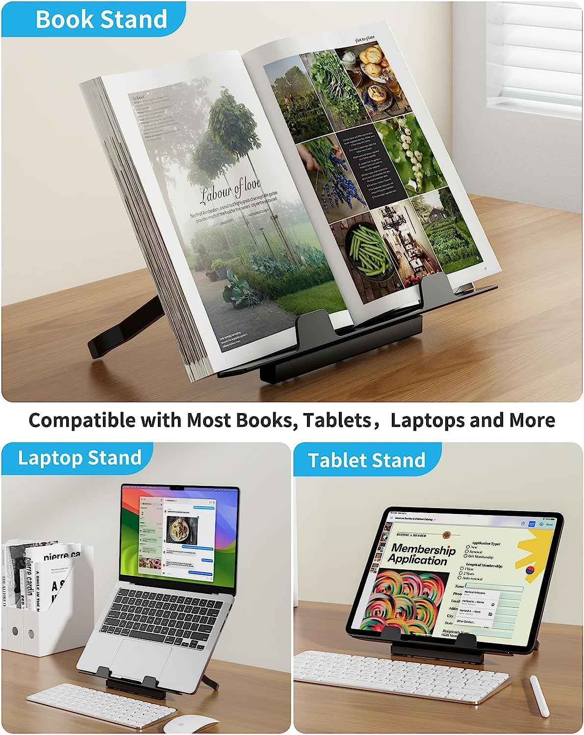 Folding Bed Table, SAIJI 60 * 40cm Laptop Desk, Adjustable Height in 5 Levels, with Book Stand, Drawer, Lap Stopper, Tablet Slot, Notebook Table for Reading or Breakfast and Drawing Table.