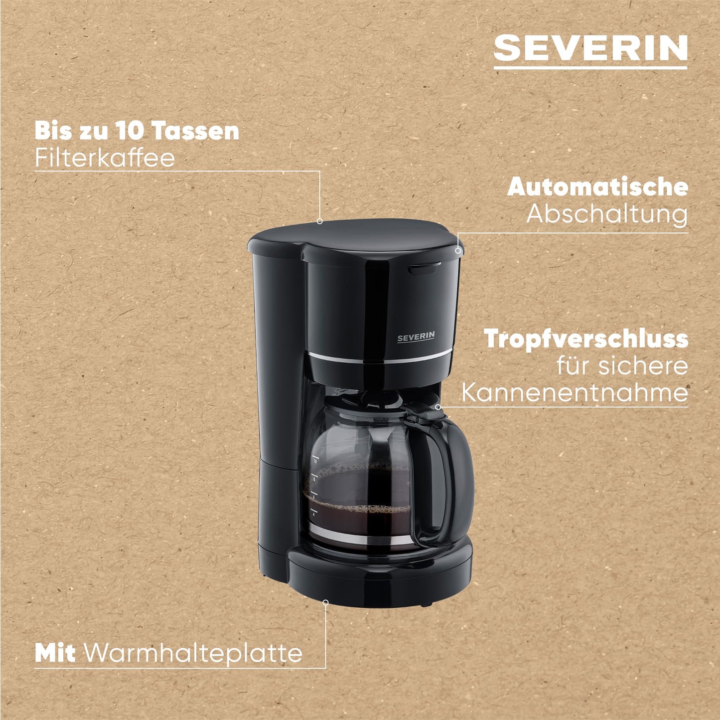 SEVERIN drip coffee maker with glass carafe, coffee machine for up to 10 cups, filter machine with glass carafe and permanent filter, black, KA 4320