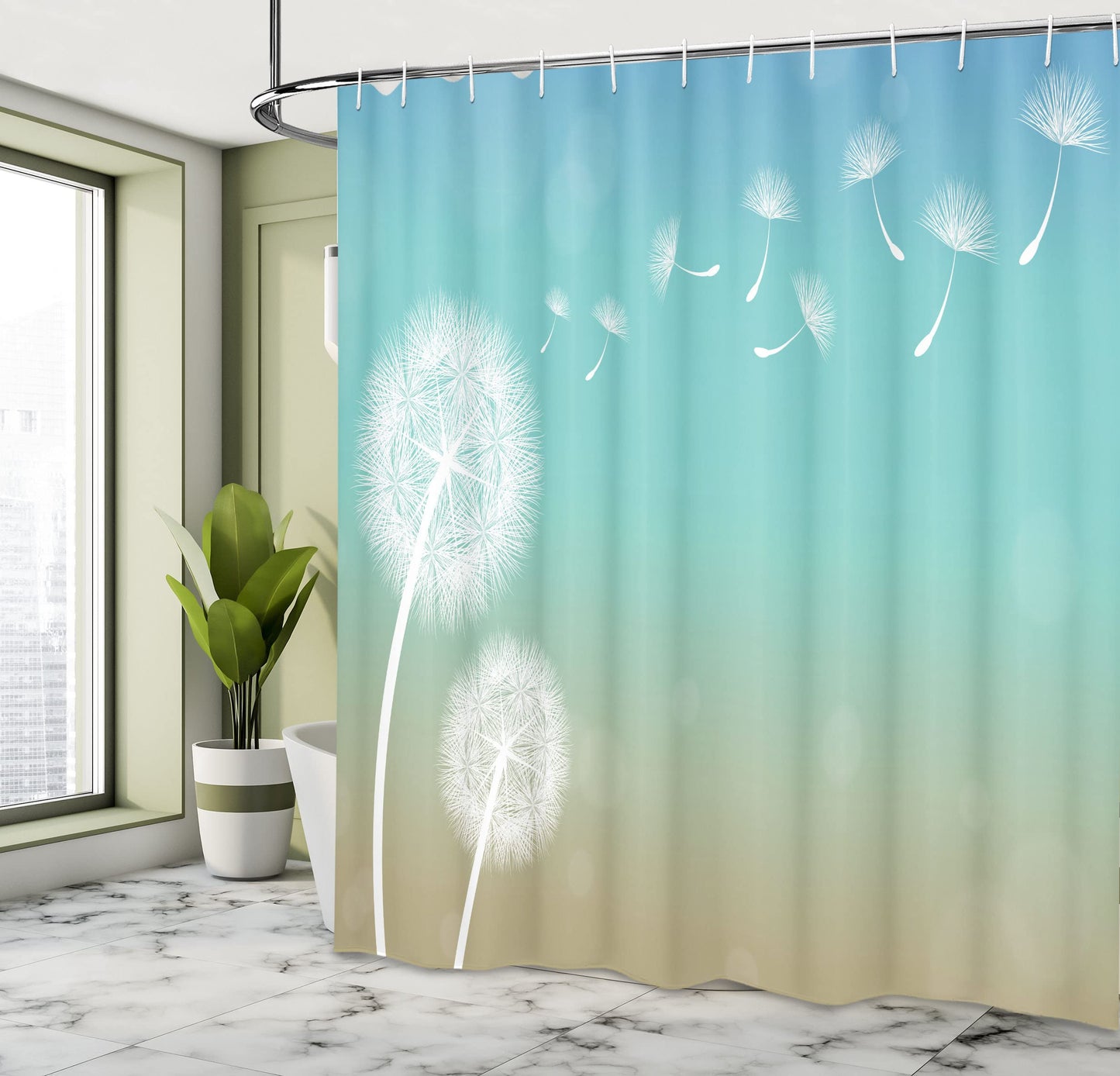 ABAKUHAUS Dandelion Shower Curtain, Blowball in Wind, Fabric Bathroom Decor Set with Hooks, 175 x 240 cm, Turquoise Tan White.