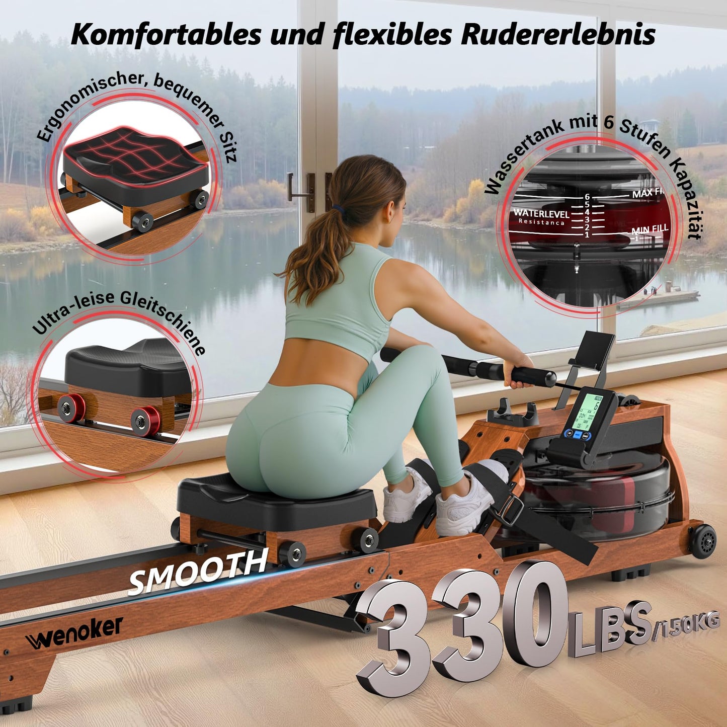 Wenoker Home Water Rowing Machine made of solid wood, foldable rowing machine with Bluetooth display, high-quality wood construction, double slide rails, max weight capacity of 150kg.