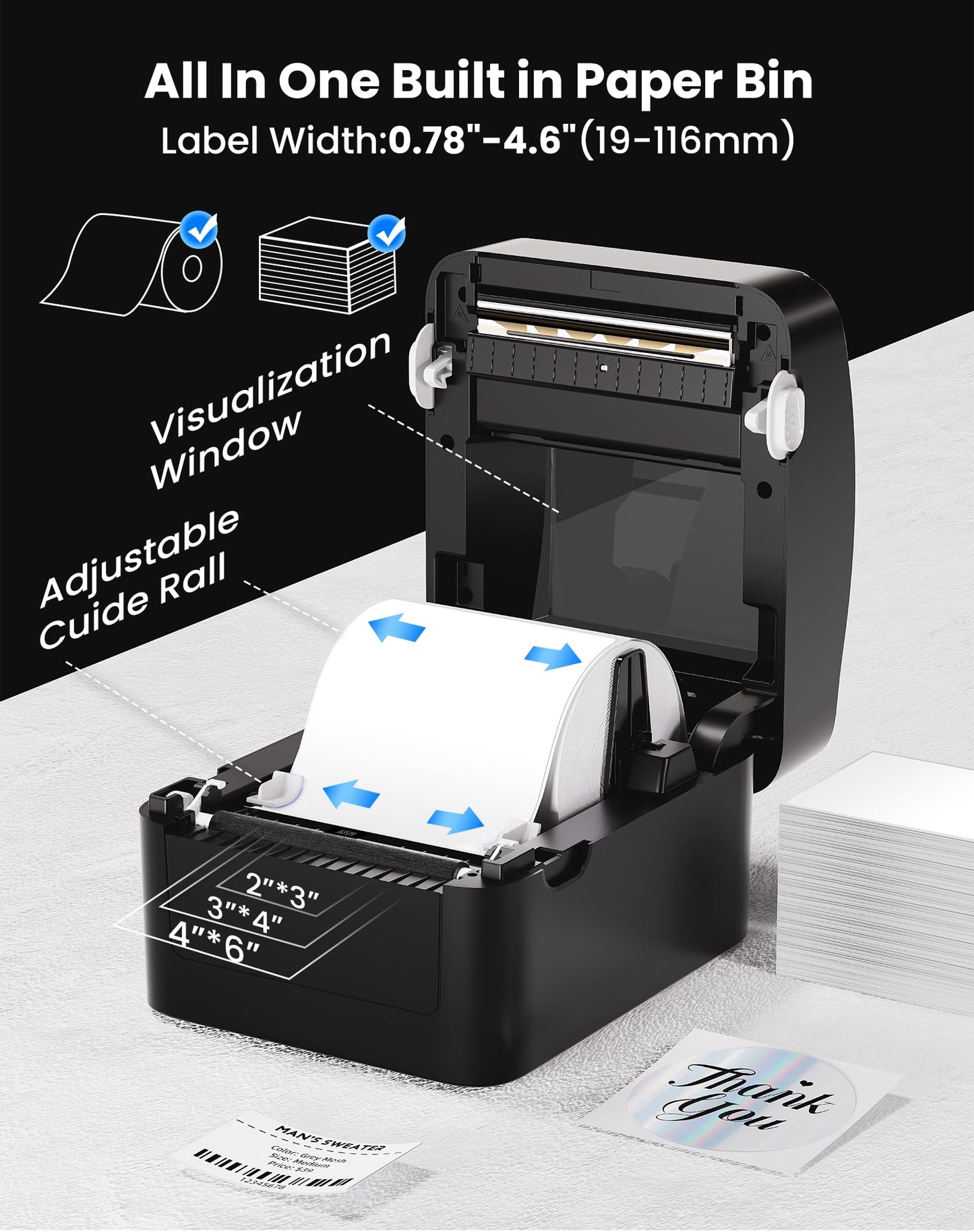 Vretti USB label printer with XXL paper tray - label printer for DHL shipping labels, compatible with Windows/mac/ChromeOS/Linux, 99.99% barcode scan rate, without separate holder.