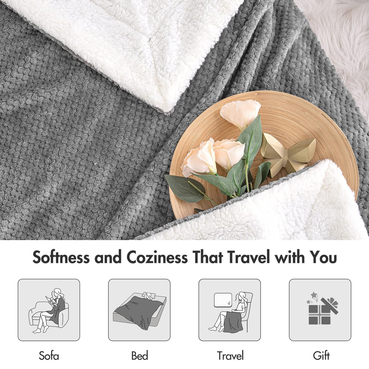 MIULEE Blanket Minky Sherpa Fleece Blanket Cozy Throw Double Layer Wool Blanket Flannel Lamb Blanket Soft Bedspread for Sofa Couch Living Room 150x200 cm Dark Grey