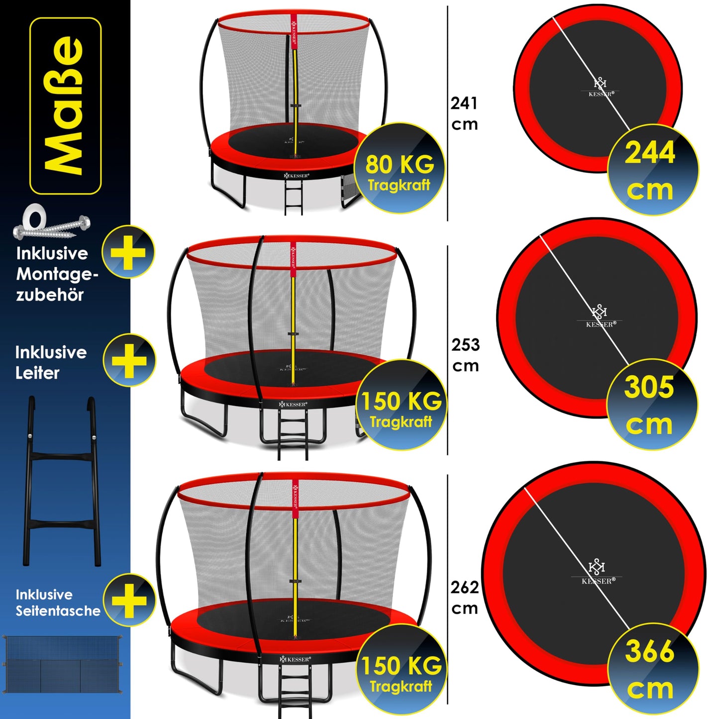 KESSERยฎ trampoline ร 366 cm | TรV Rheinland GS certified | Garden trampoline for kids up to 150 kg | Complete set with safety net, ladder, edge cover and accessories.