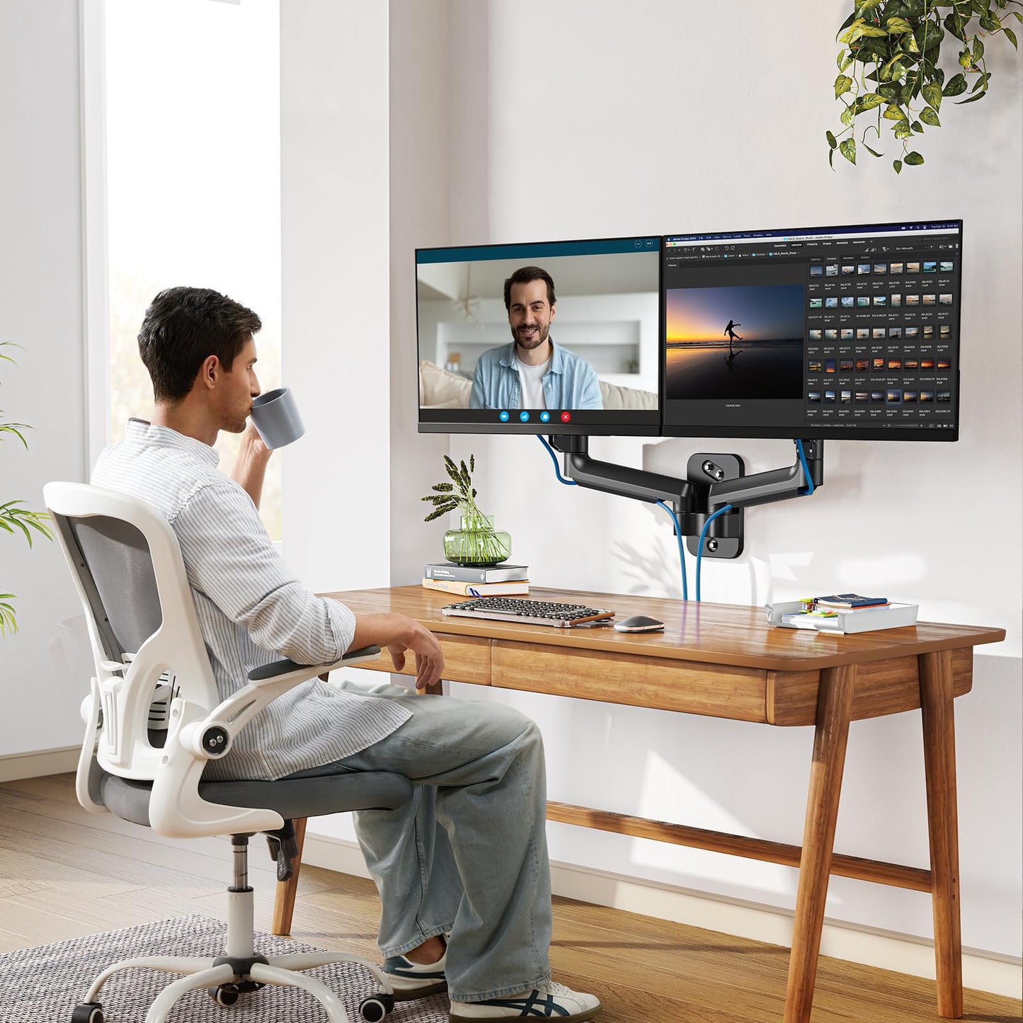 HUANUO Dual Monitor Wall Mount, for 17-32 inch screens, with gas spring arm, supports VESA 75/100mm, 8kg per arm.