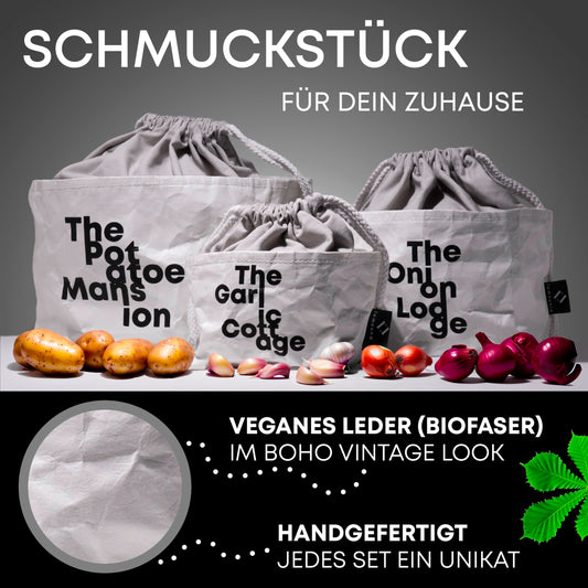 lamounia - Sustainable boho pouches made of vegan leather as a set of three potato storage boxes - fabric containers - vintage basket - onions & garlic pot - unique - white.