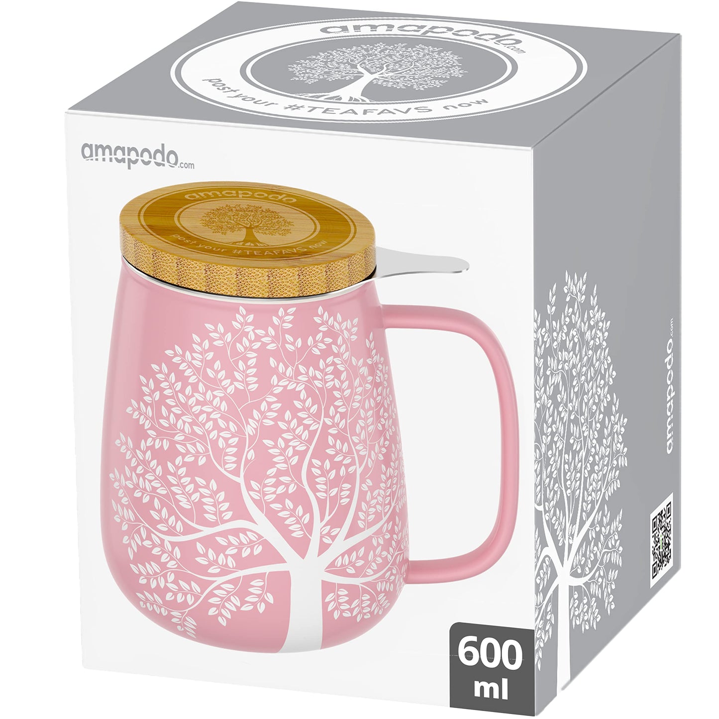 amapodo tea cup with lid and infuser - 600ml porcelain tea mug large - jumbo cup - XXL tea cup set pink - plastic-free