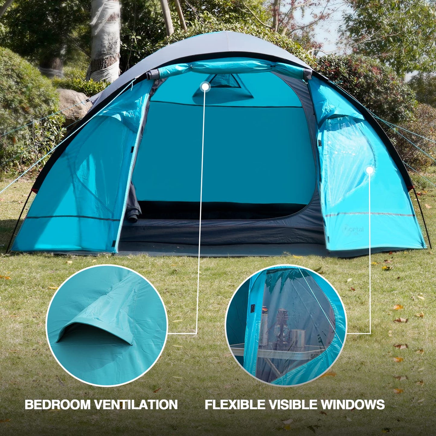 Portal tent for 3-4 people camping, waterproof with 4000mm dome tent and vestibule. Family tent, festival tent for camping, travel, garden.