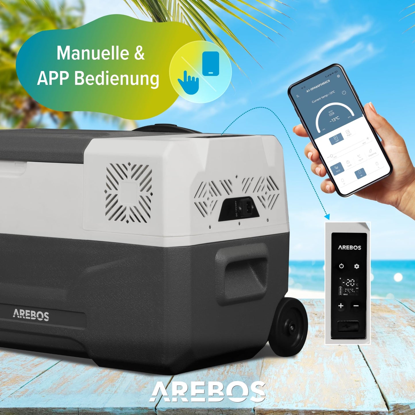 Arebos compressor cooler box with wheels 27 liters | Electric freezer box with APP & smart control | Mobile cooler with USB connection | up to -20 °C | 12/24 V 230V | for car, truck, camping, boat, motorhome