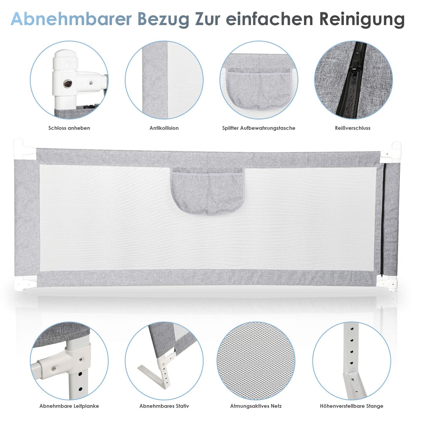 A 180 * 80 cm bed rail guard bed safety rail crib rail for children baby bed rail adjustable height foldable suitable for children's beds, parent beds anti-fall for baby children - Gray