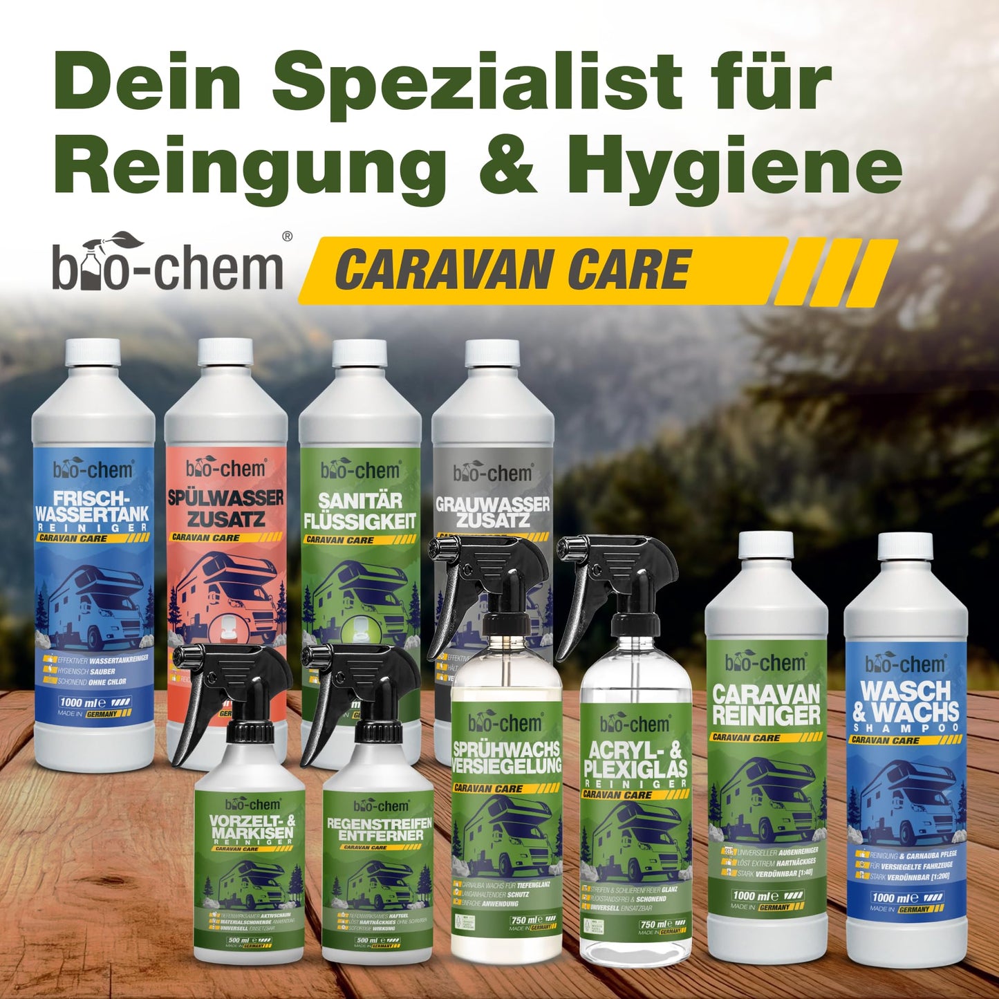 Bio-chem camping toilet additives: Microbiological sanitation liquid 1L + flushing water additive 1L including dosing cup - Sanitation additive for camping toilet, portable toilet, chemical toilet - Made in GER.