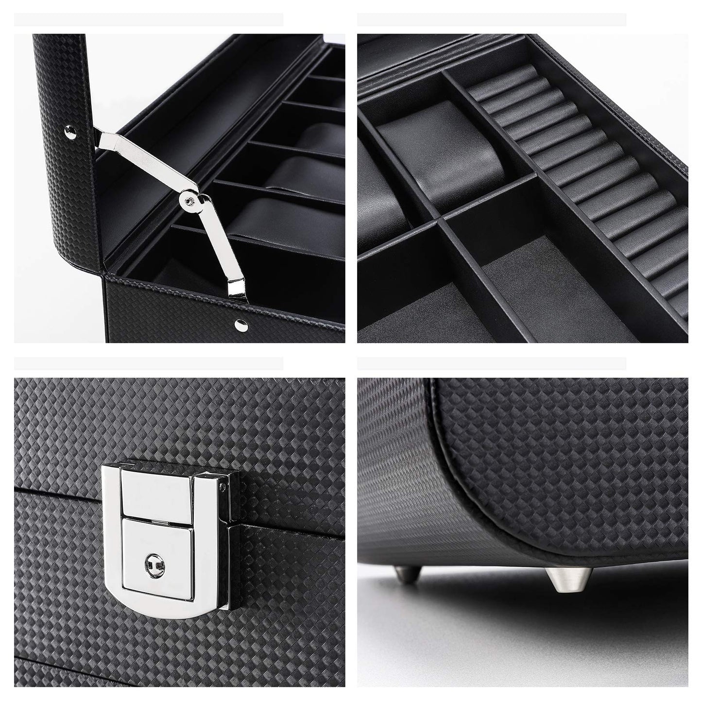 Seelux watch box for men with glass lid, lockable jewelry case for watches, rings, brooches, glasses. Gift for men, husband, boyfriend. Black.