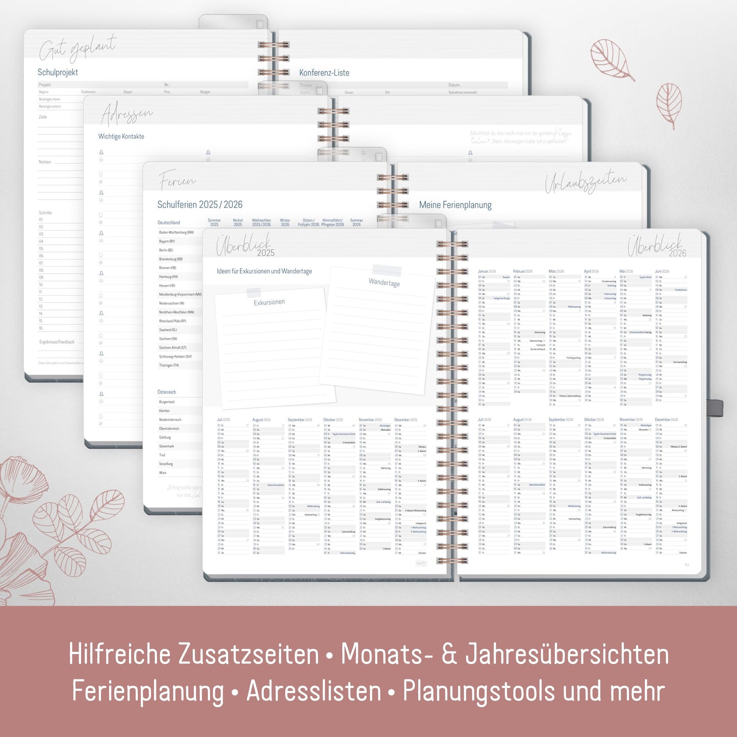 Häfft® Teacher Planner 2025/2026 A4 + Deluxe "Poppy" Hardcover Teacher Planner large, school year planner with spiral binding, school planner - sustainable & eco-friendly