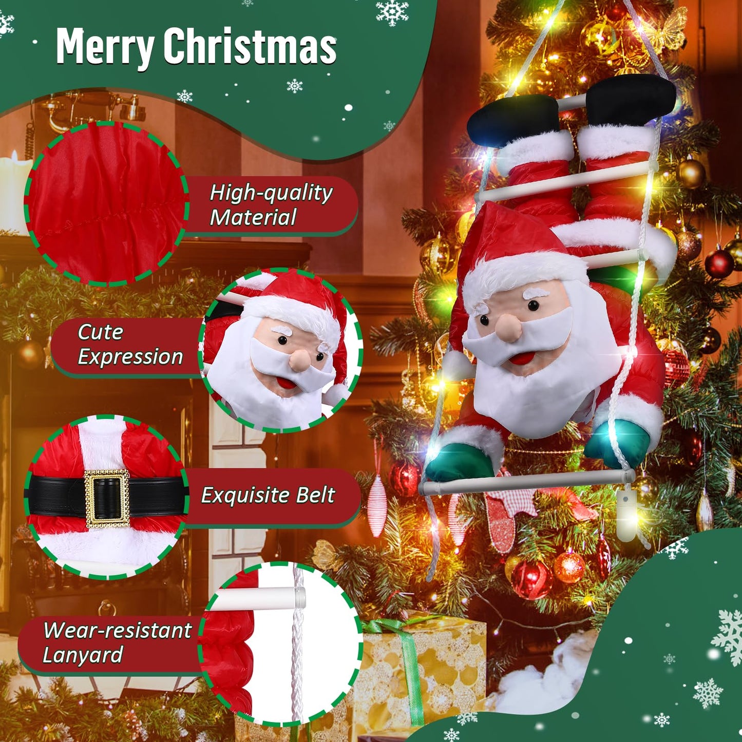 Climbing Santa Claus, Aceshop 34" Hanging Christmas Santa Decorations with LED light Christmas Ornaments Filled Plush Santa Claus Doll Gift for Christmas Decoration