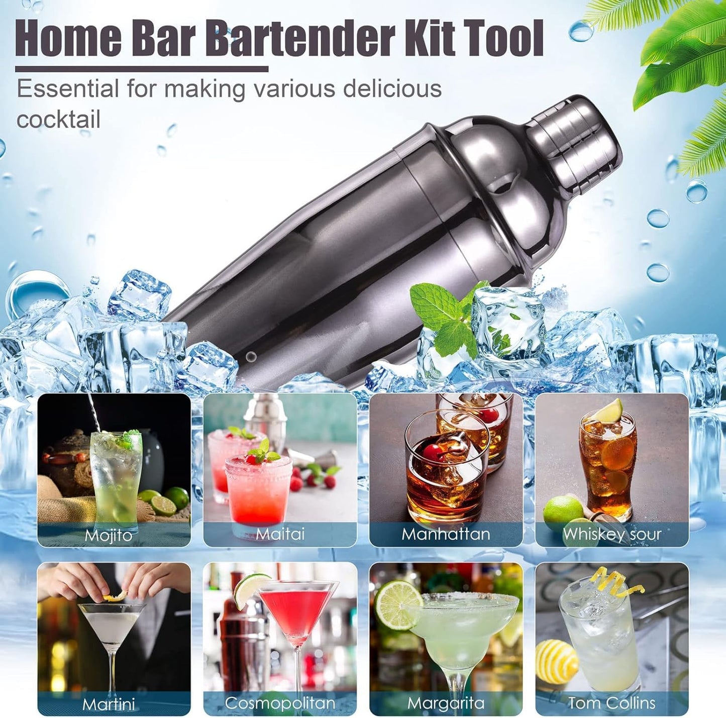 ZBPASL 16pcs Cocktail Shaker Set, Cocktail Set with Cocktail Shaker, Jigger, Ice Tongs, Set for Mixing Cocktails with Muddler, Bottle Opener, Shaker Cocktail Set, Bar Tool Set (Black 02)