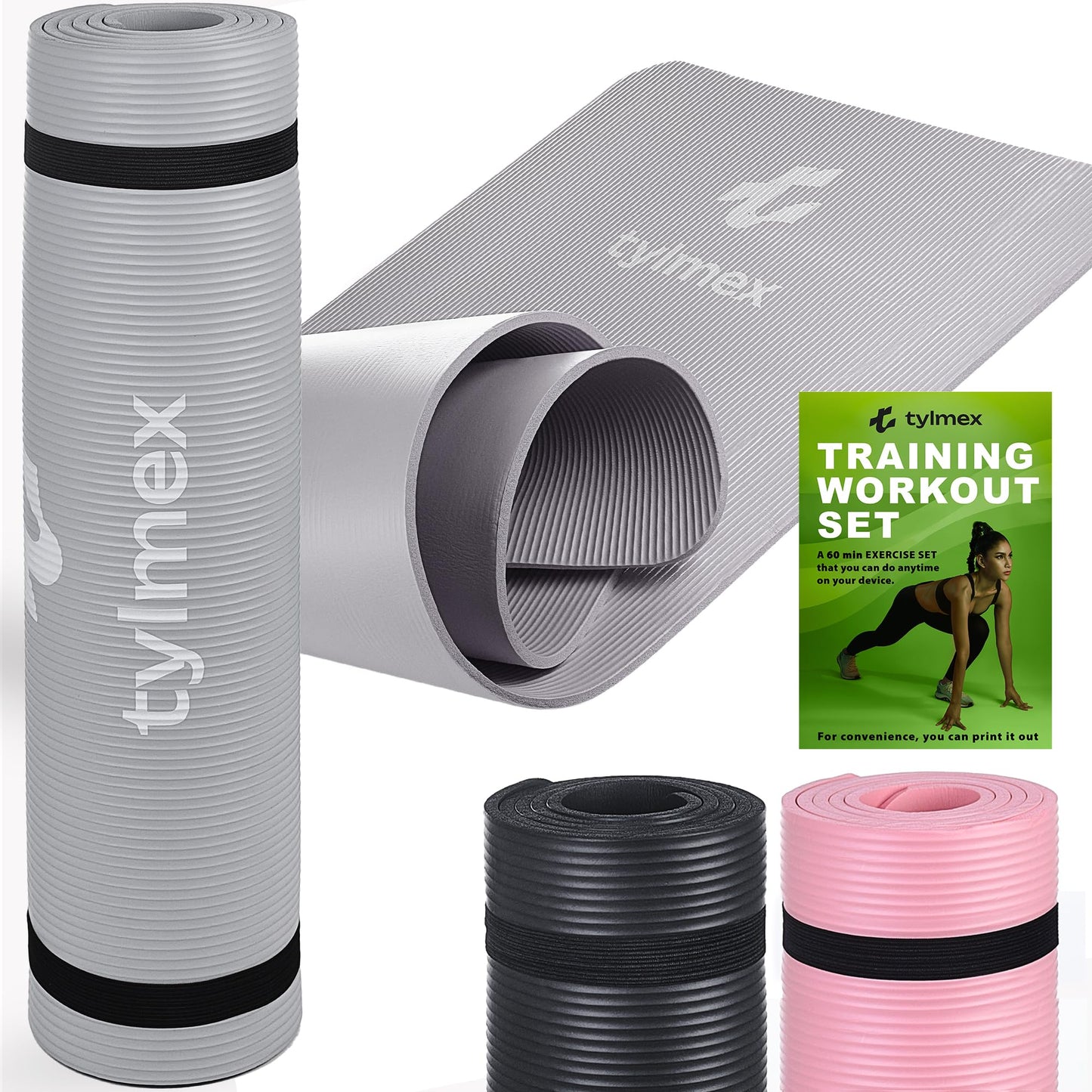 Tylmex non-slip yoga mat 8mm thick | Fitness, Pilates & gymnastics mat for home & outdoor | NBR sports mat with carrying strap & online exercise guide - Gray