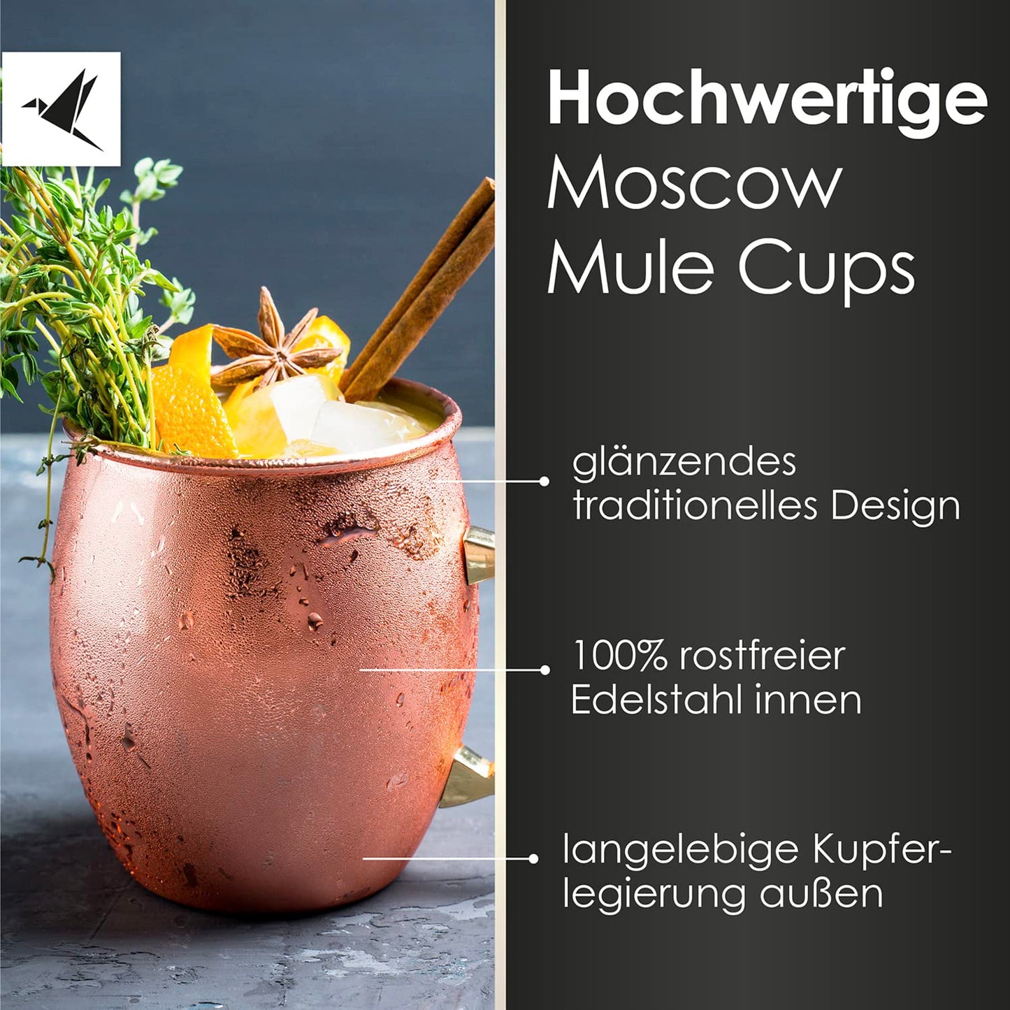 Beyond Moscow Mule Cup Set Copper Cups - Copper cups with straws & gift box I Moscow Mule Copper Cup set with traditionally smooth surface as a gin cup & for cocktails (4-piece set)